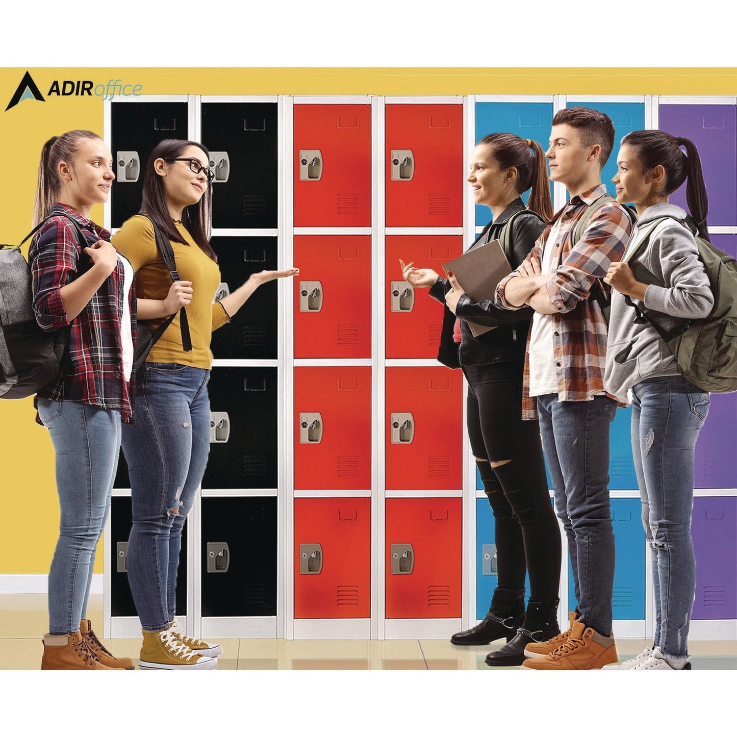 AdirOffice Steel Storage Locker, 4 Compartment, 12 x 12 x 72, Red