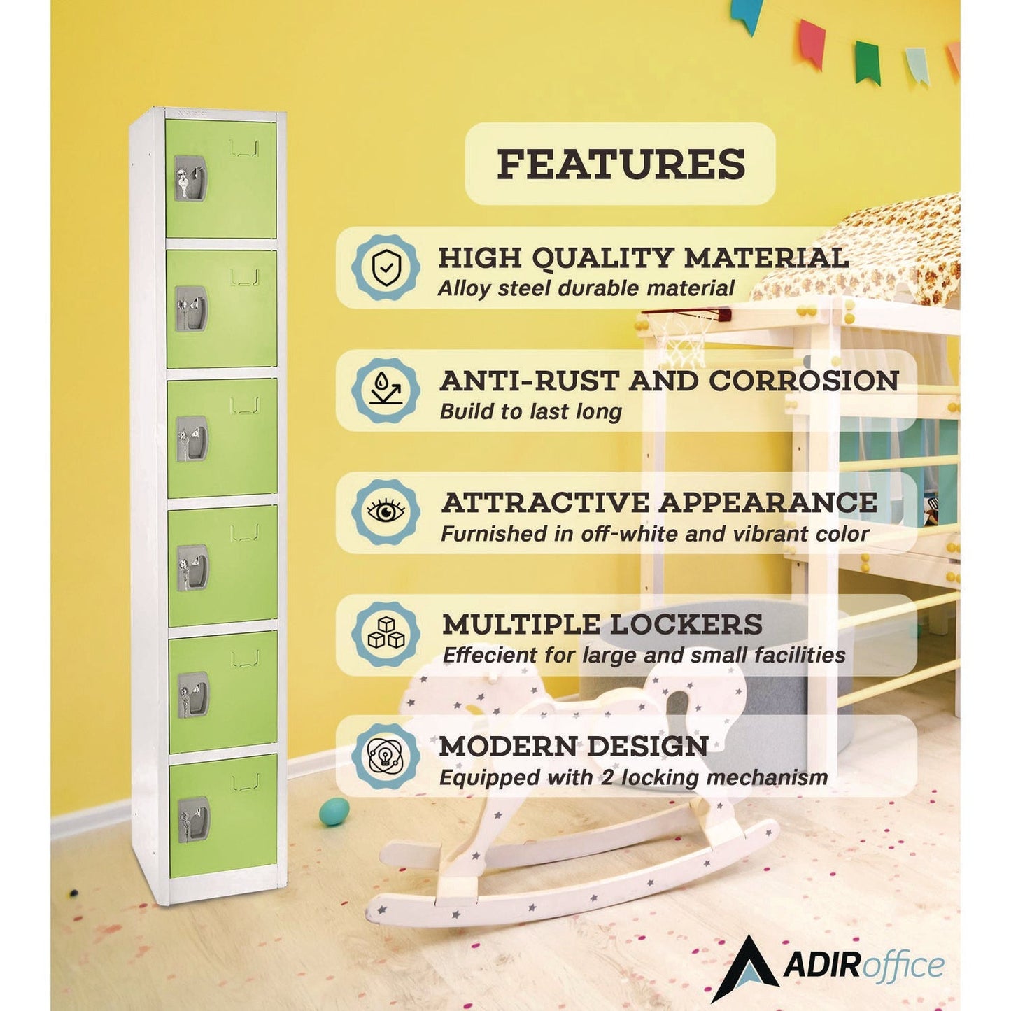 AdirOffice Steel Storage Locker, 6 Compartment, 12 x 12 x 72, Green
