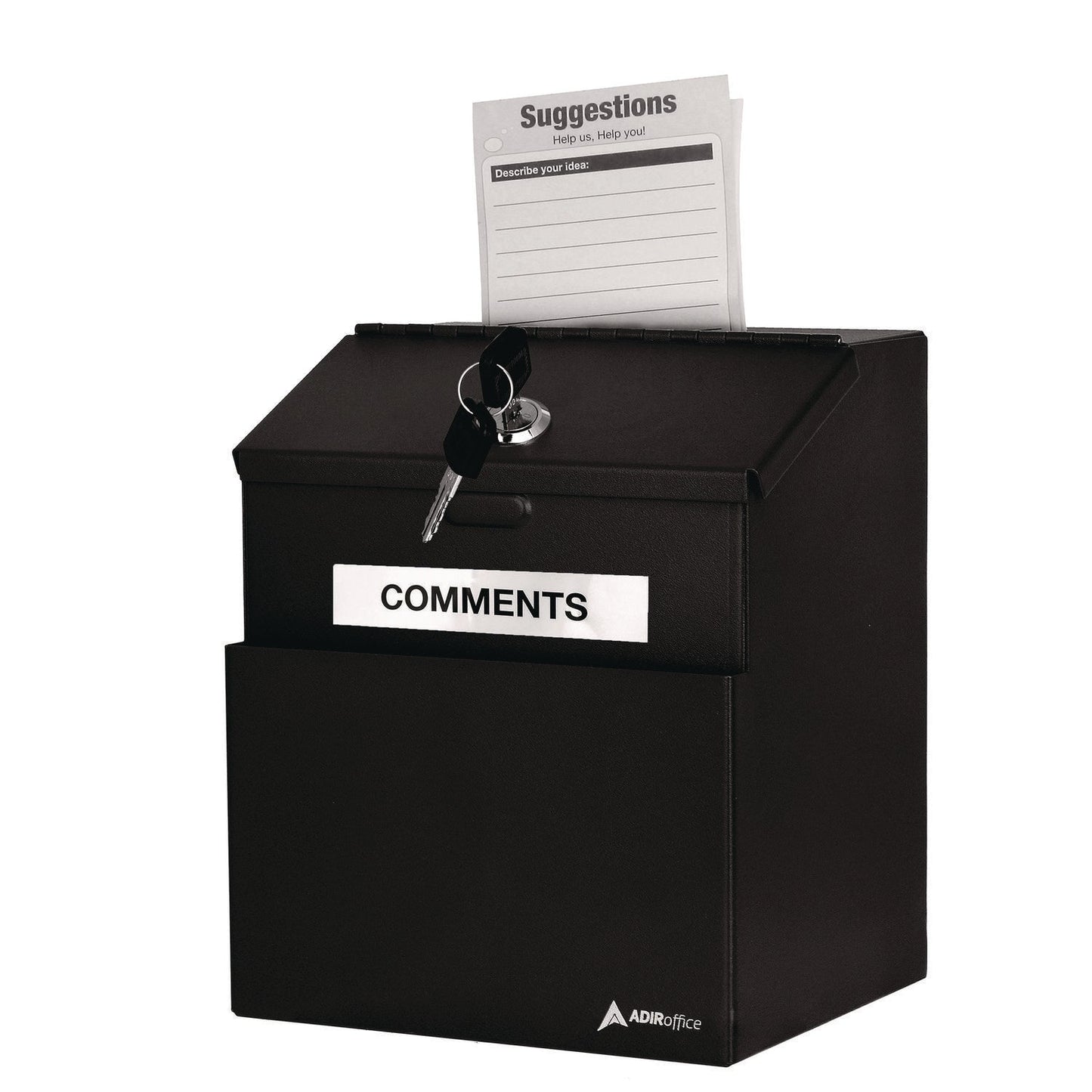 AdirOffice Wall Mountable Steel Suggestion Secure Drop Box with Key, 7 x 6 x 8.5, Stainless Steel 304, Black