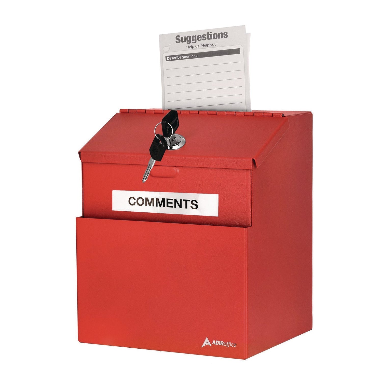 AdirOffice Wall Mountable Steel Suggestion Secure Drop Box with Key, 7 x 6 x 8.5, Stainless Steel 304, Red