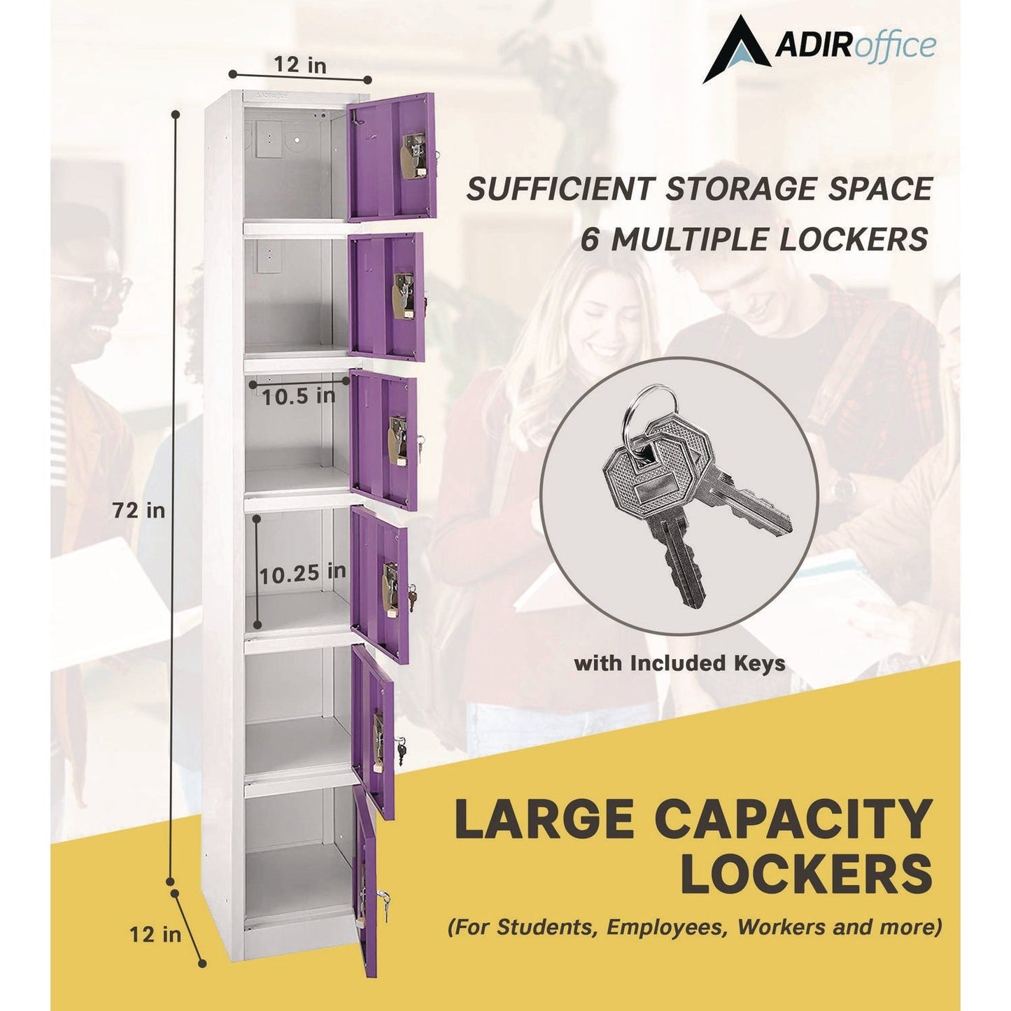AdirOffice Steel Storage Locker, 6 Compartment, 12 x 12 x 72, Purple