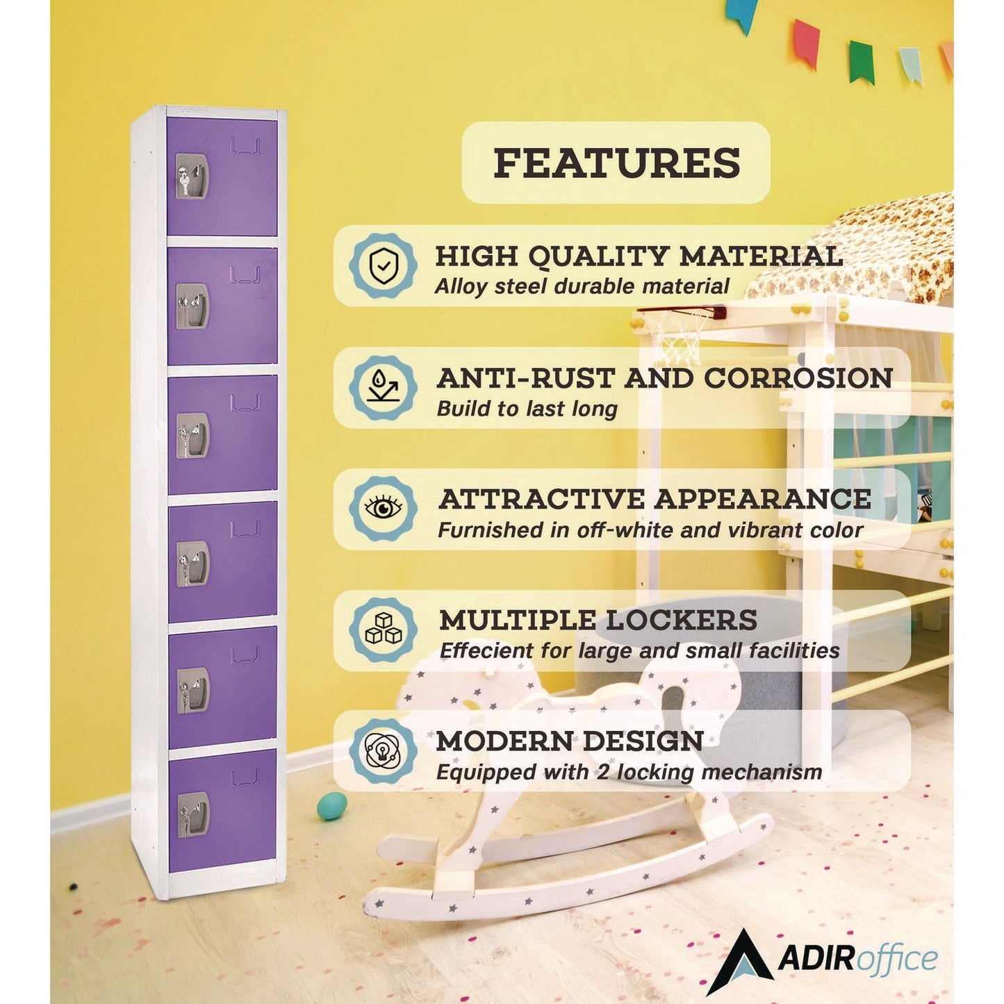 AdirOffice Steel Storage Locker, 6 Compartment, 12 x 12 x 72, Purple