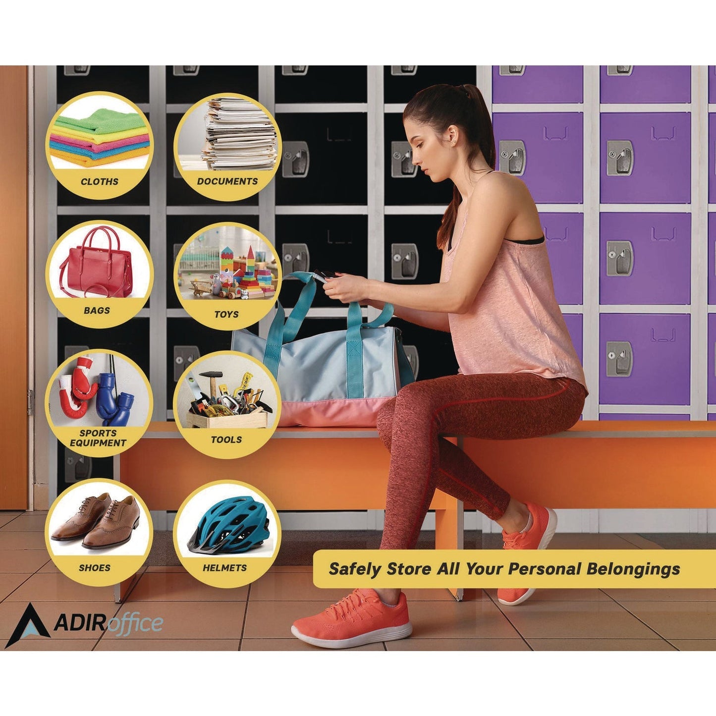 AdirOffice Steel Storage Locker, 6 Compartment, 12 x 12 x 72, Purple