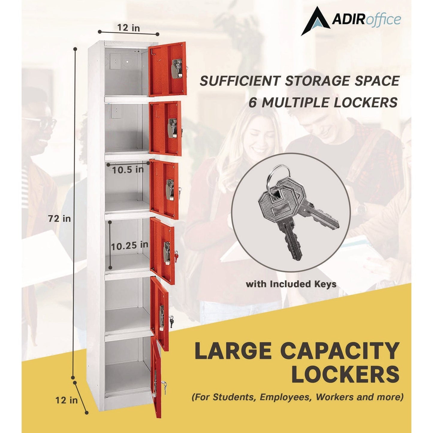 AdirOffice Steel Storage Locker, 6 Compartment, 12 x 12 x 72, Red