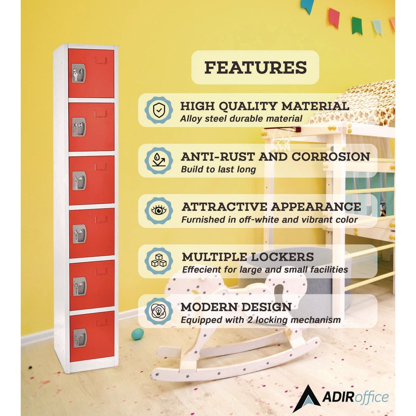 AdirOffice Steel Storage Locker, 6 Compartment, 12 x 12 x 72, Red