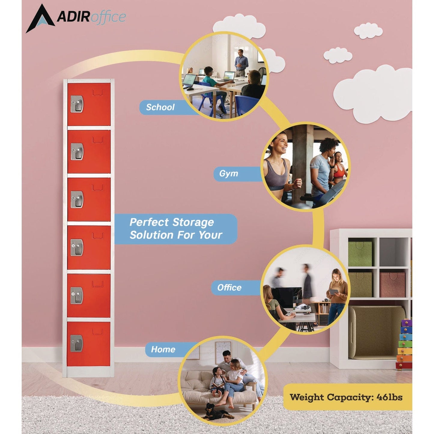 AdirOffice Steel Storage Locker, 6 Compartment, 12 x 12 x 72, Red