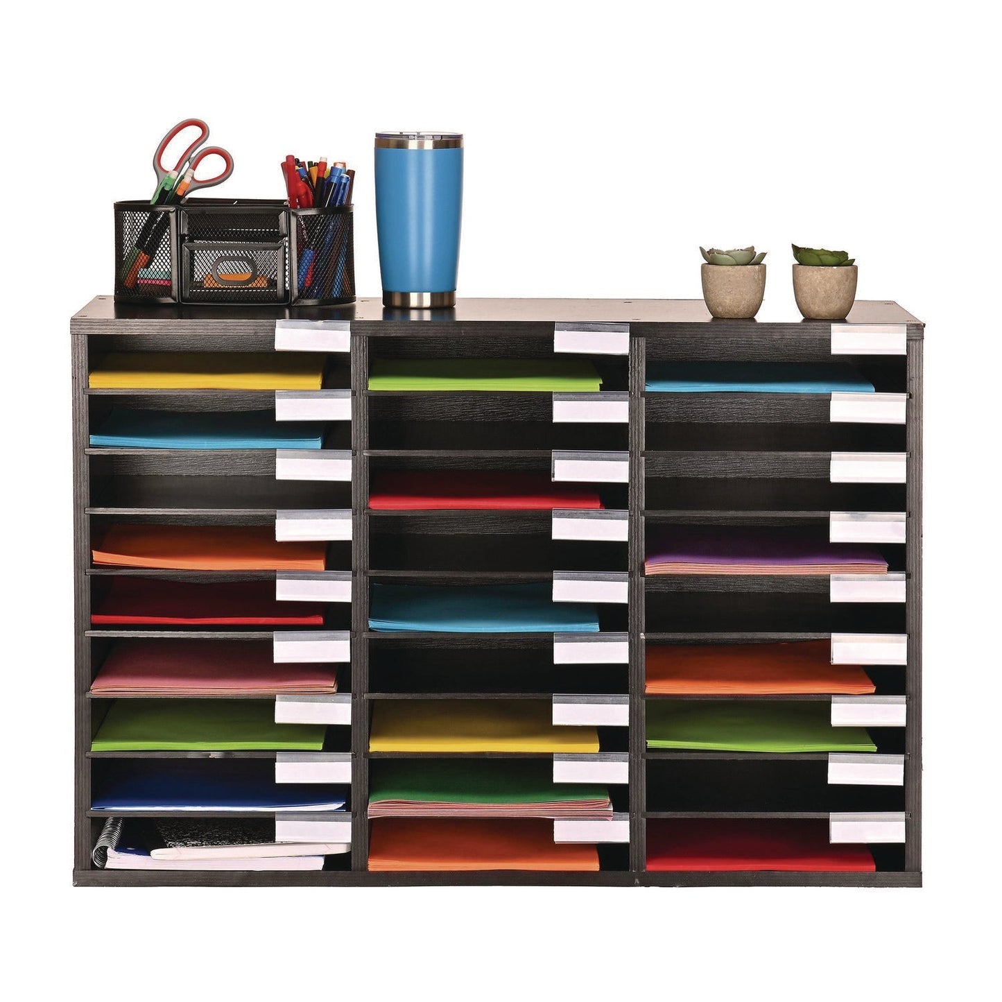 AdirOffice Wooden 27 Compartment Literature Organizer, 27 Sections, Letter Size, 31.49 x 11.81 x 21.65, Black