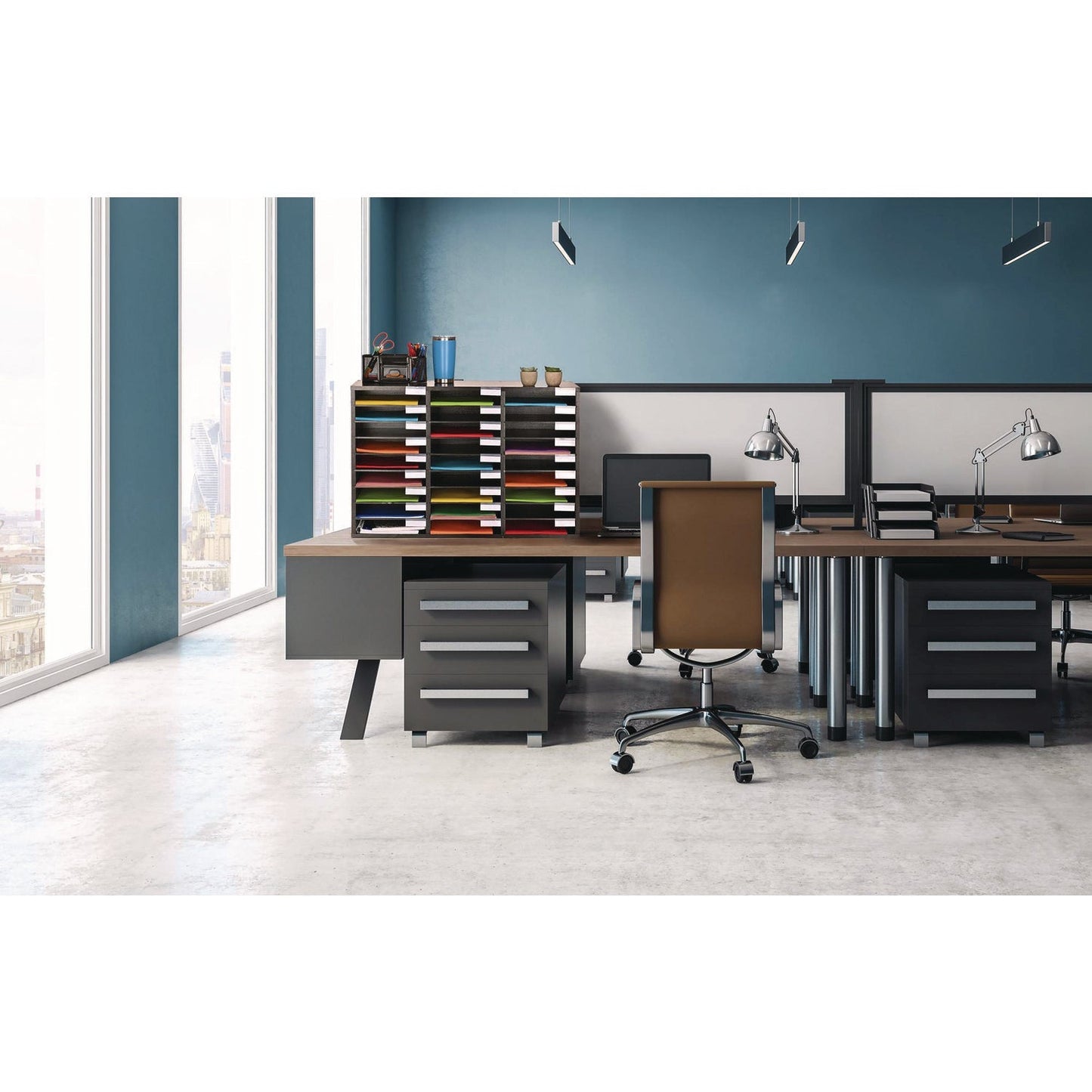 AdirOffice Wooden 27 Compartment Literature Organizer, 27 Sections, Letter Size, 31.49 x 11.81 x 21.65, Black