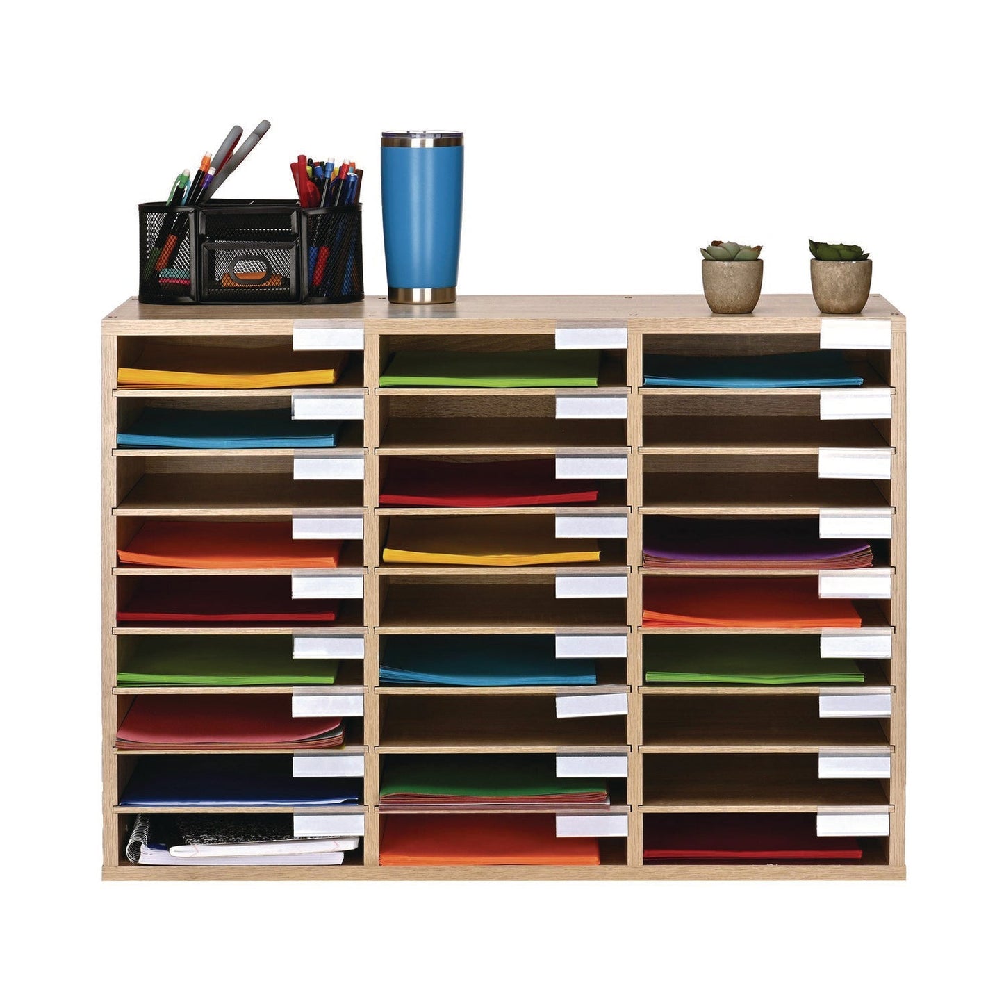 AdirOffice Wooden 27 Compartment Literature Organizer, 27 Sections, Letter Size, 31.49 x 11.81 x 21.65, Medium Oak