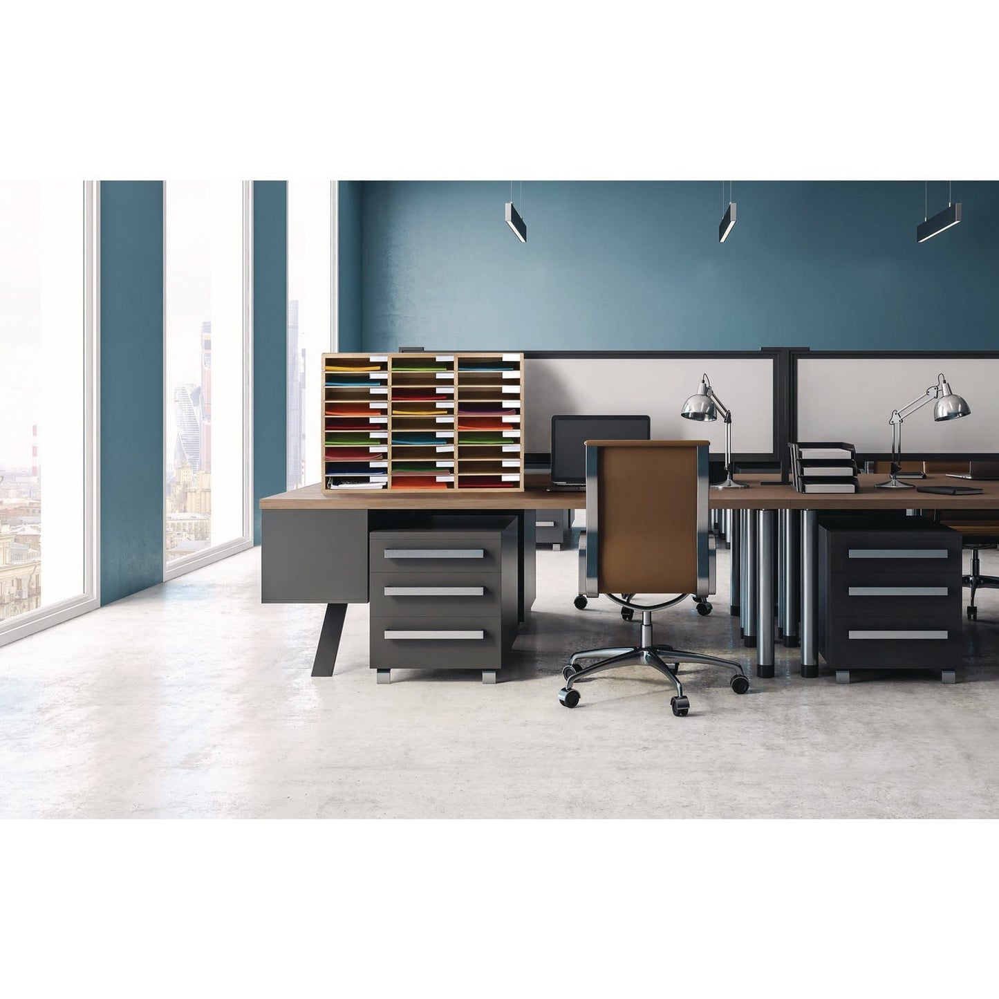 AdirOffice Wooden 27 Compartment Literature Organizer, 27 Sections, Letter Size, 31.49 x 11.81 x 21.65, Medium Oak