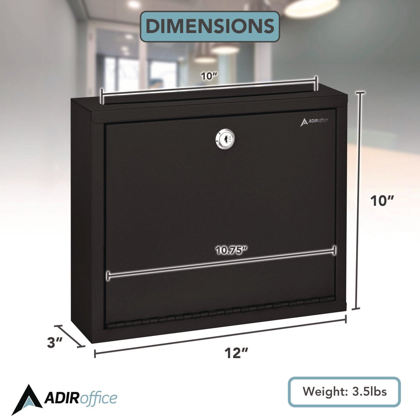 AdirOffice Large Size Steel Multi-Purpose Secure Drop Box, 12 x 3 x 10, Black