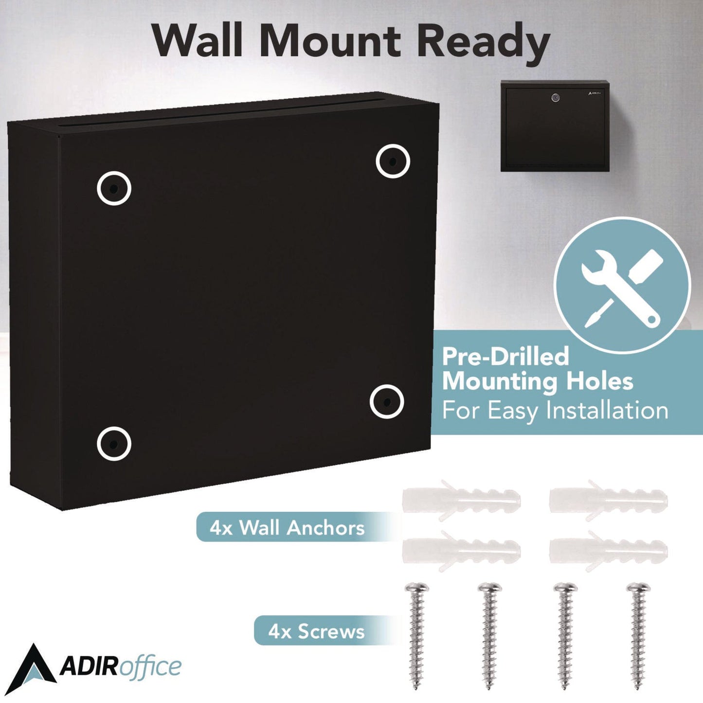 AdirOffice Large Size Steel Multi-Purpose Secure Drop Box, 12 x 3 x 10, Black