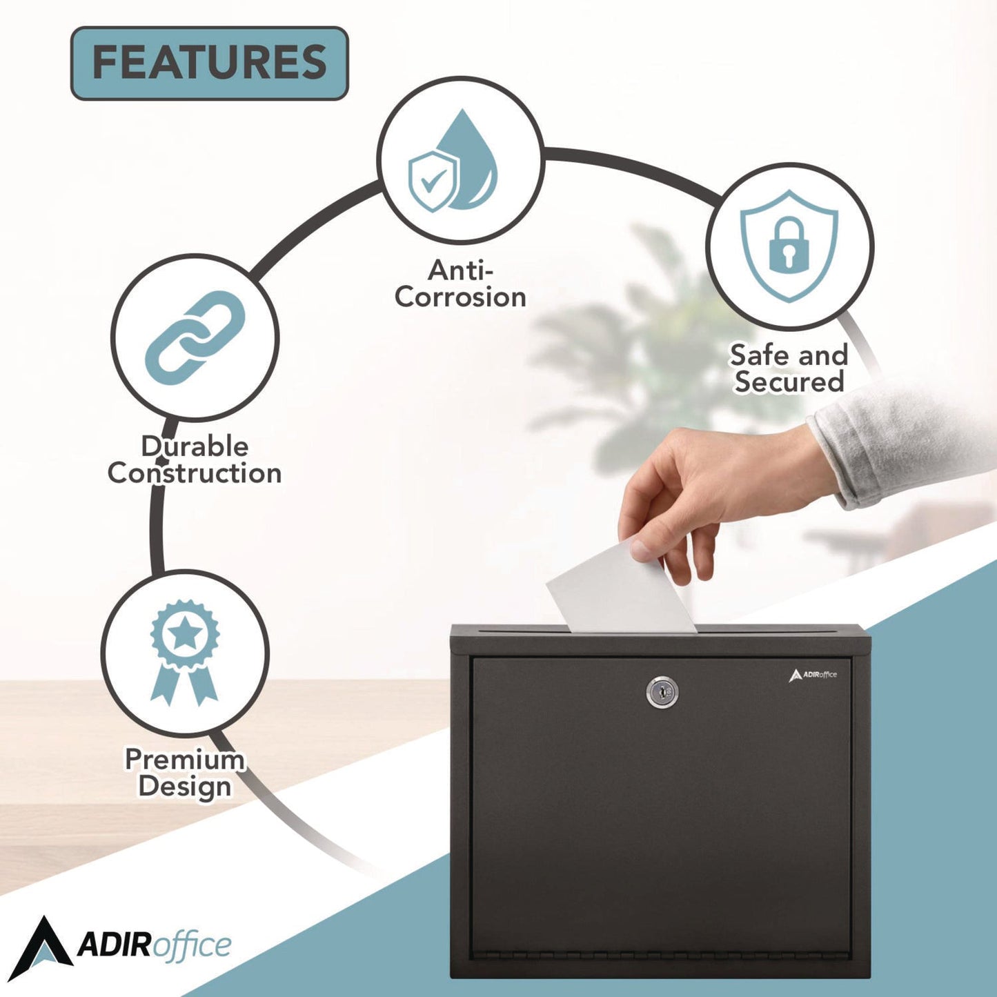AdirOffice Large Size Steel Multi-Purpose Secure Drop Box, 12 x 3 x 10, Black