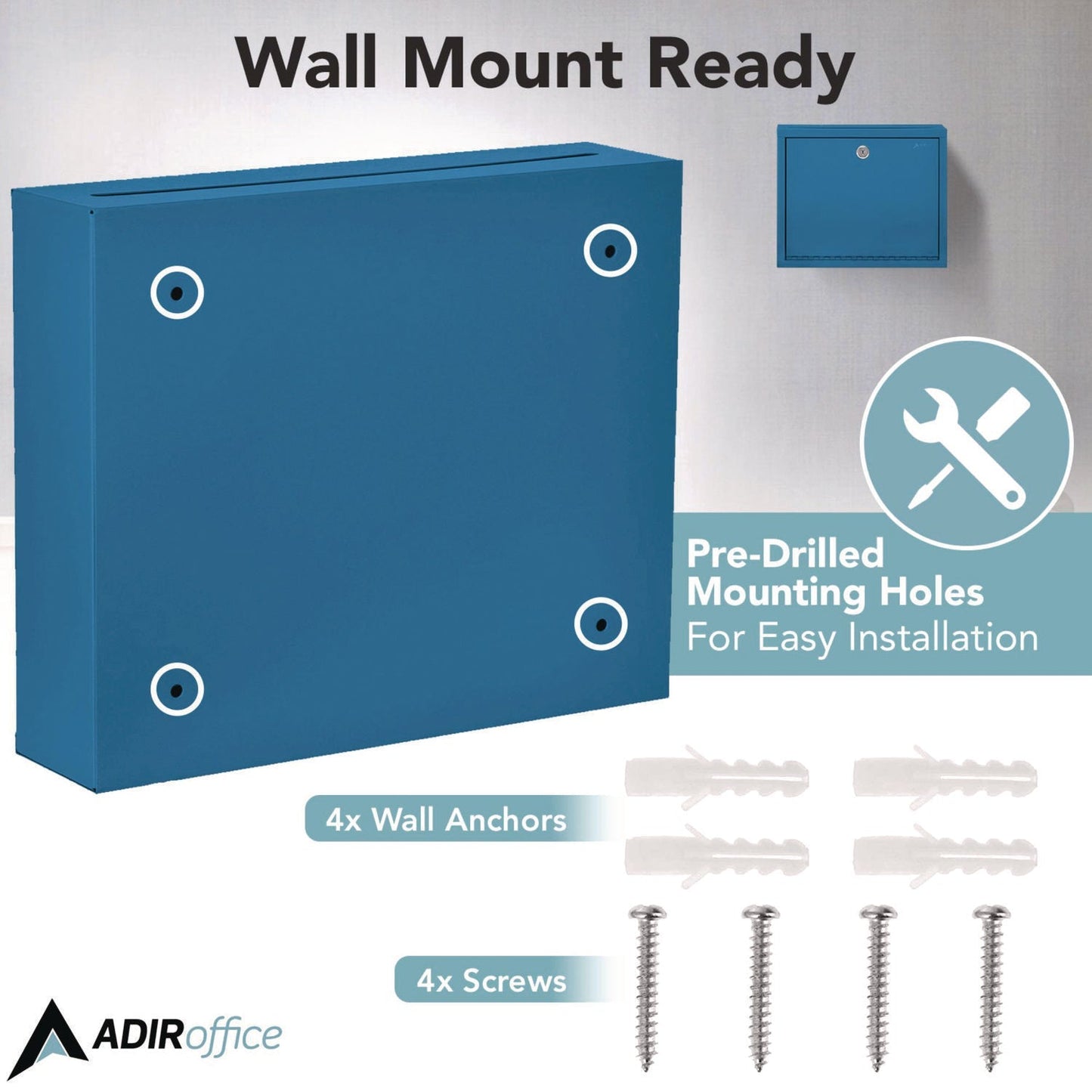 AdirOffice Large Size Steel Multi-Purpose Secure Drop Box, 12 x 3 x10, Blue