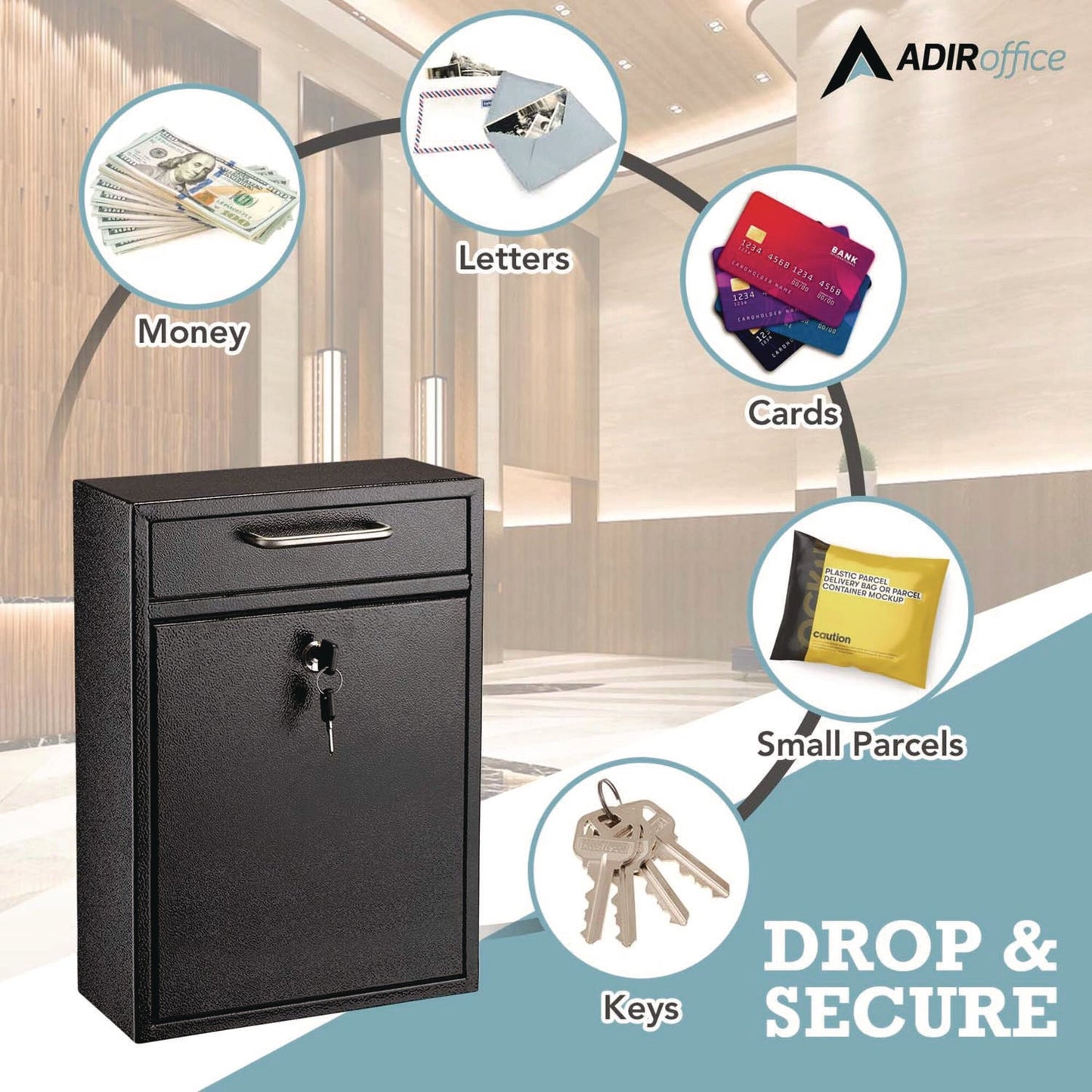 AdirOffice Large Ultimate Secure Drop Box Wall Mounted Mail Box, 11.2 x 4.7 x 16.2, Black