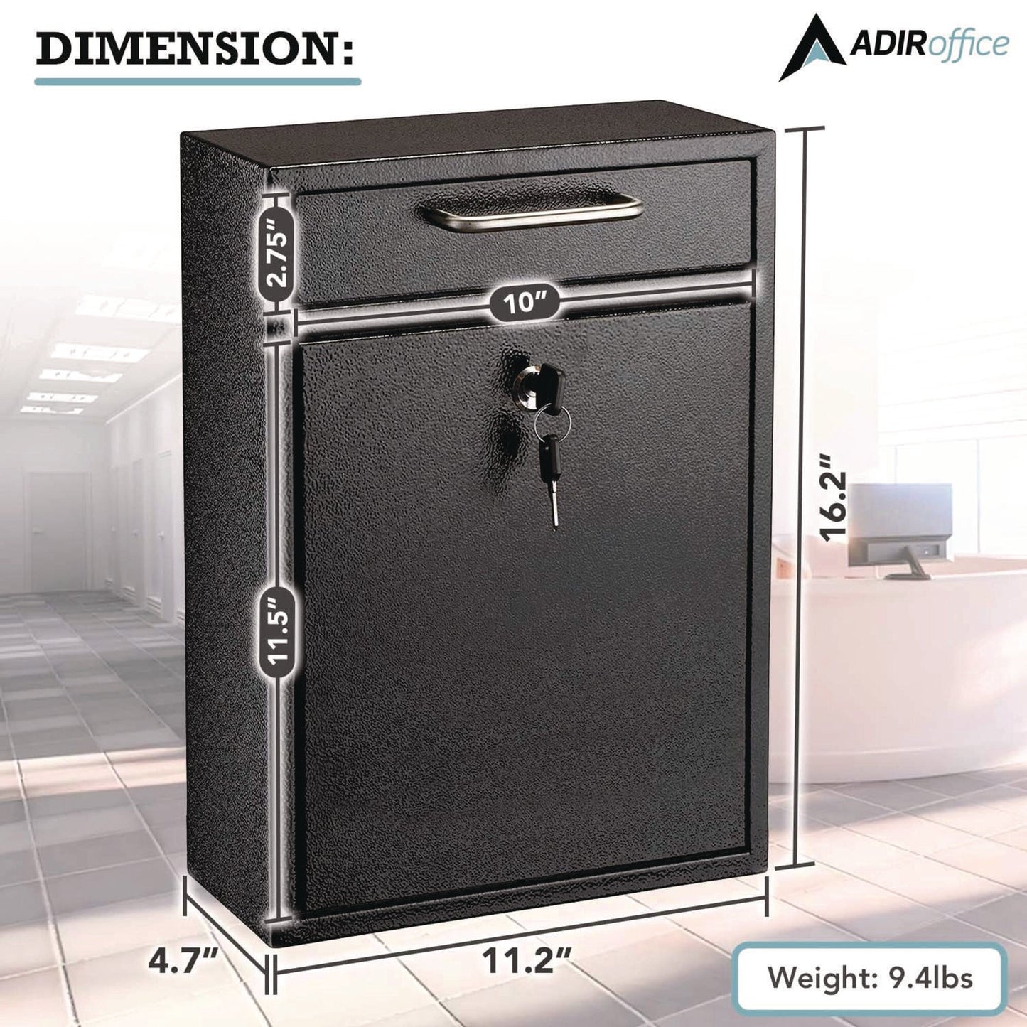 AdirOffice Large Ultimate Secure Drop Box Wall Mounted Mail Box, 11.2 x 4.7 x 16.2, Black