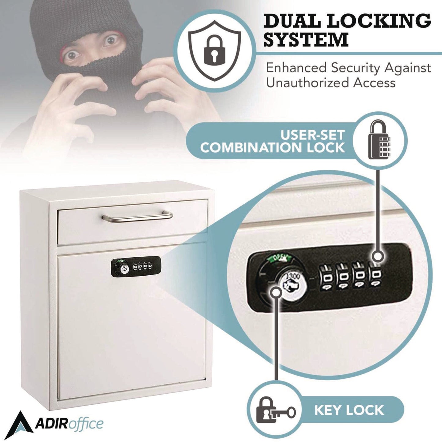 AdirOffice Medium Secure Drop Box Wall Mounted Locking Mail Box with Key and Combination Lock, 10.51 x 4.72 x 12, White