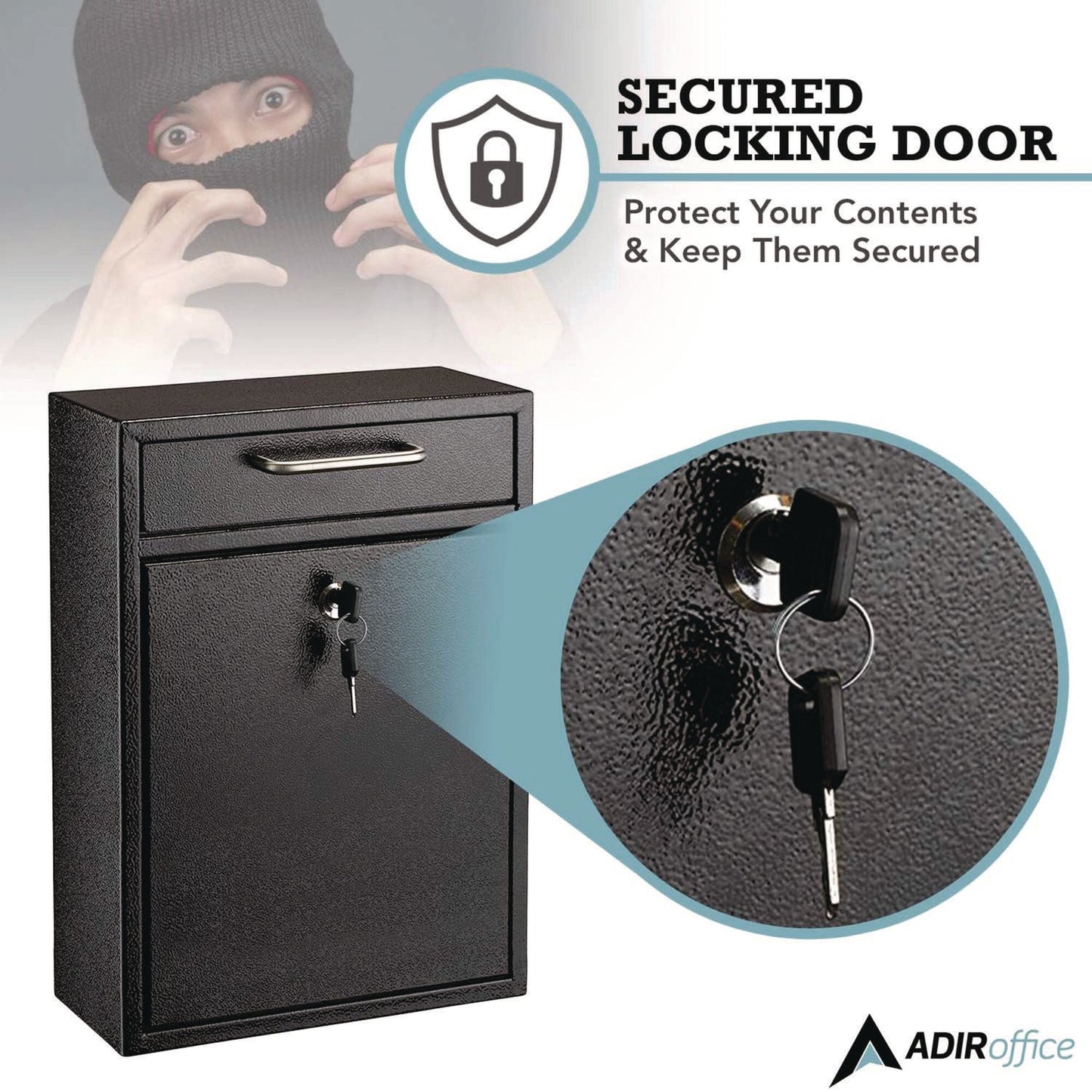 AdirOffice Large Ultimate Secure Drop Box Wall Mounted Mail Box, 11.2 x 4.7 x 16.2, Black