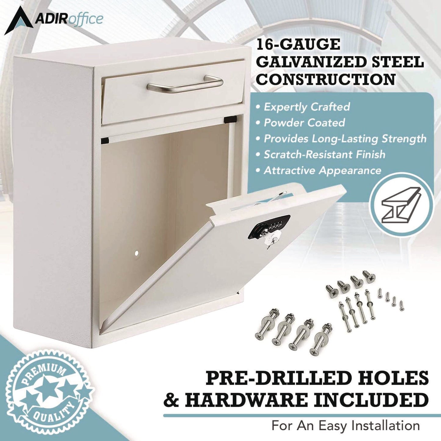 AdirOffice Medium Secure Drop Box Wall Mounted Locking Mail Box with Key and Combination Lock, 10.51 x 4.72 x 12, White
