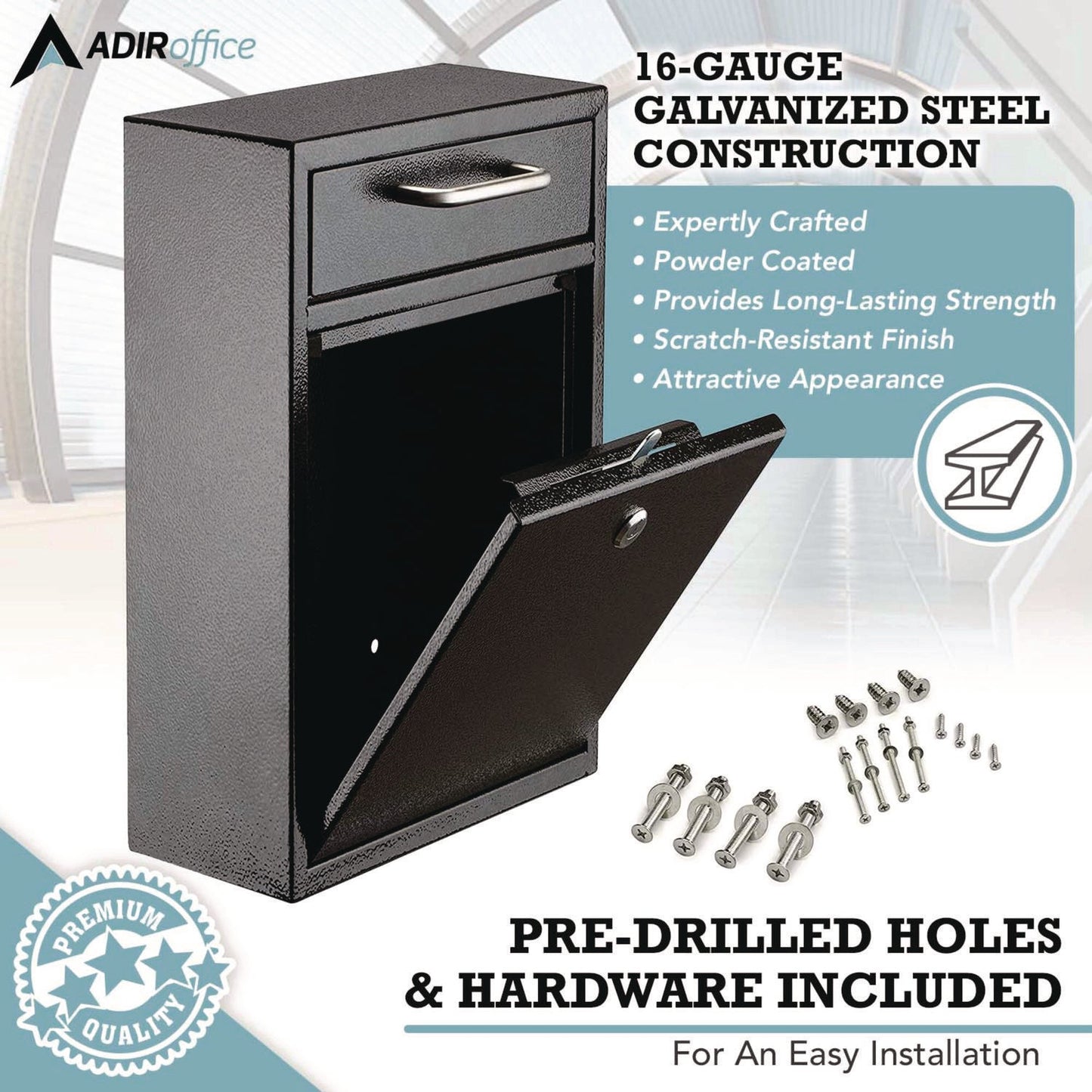 AdirOffice Large Ultimate Secure Drop Box Wall Mounted Mail Box, 11.2 x 4.7 x 16.2, Black