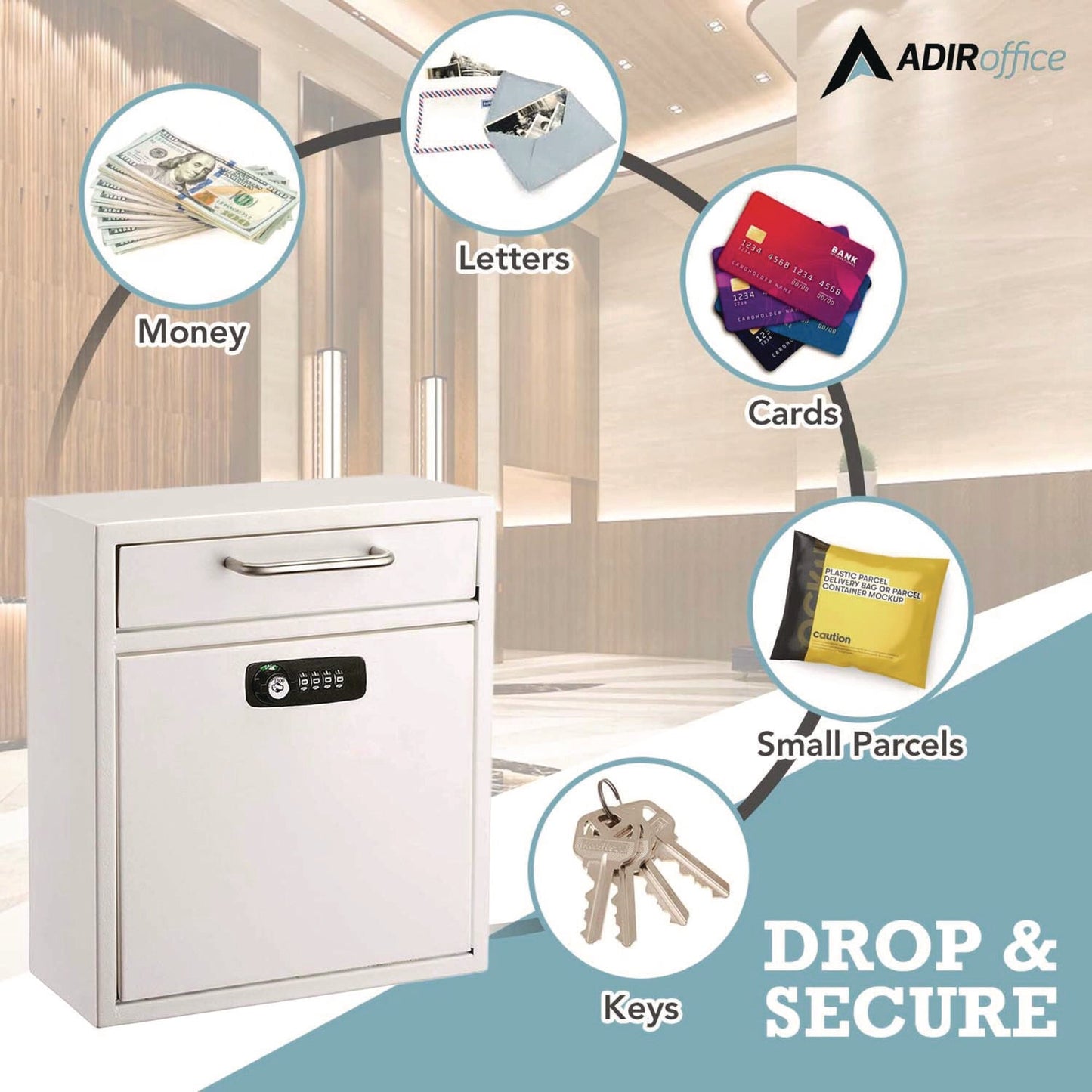 AdirOffice Medium Secure Drop Box Wall Mounted Locking Mail Box with Key and Combination Lock, 10.51 x 4.72 x 12, White