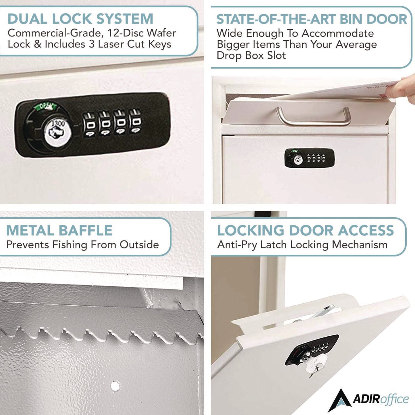 AdirOffice Medium Secure Drop Box Wall Mounted Locking Mail Box with Key and Combination Lock, 10.51 x 4.72 x 12, White