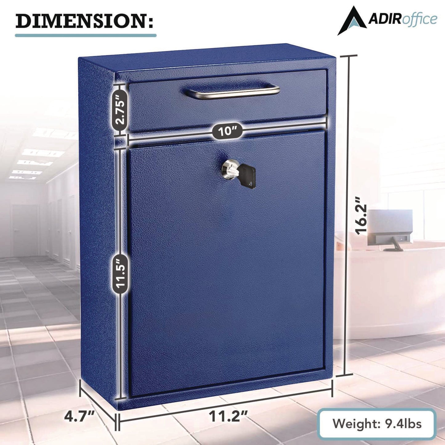 AdirOffice Large Ultimate Secure Drop Box Wall Mounted Mail Box, 11.2 x 4.7 x 16.2, Blue