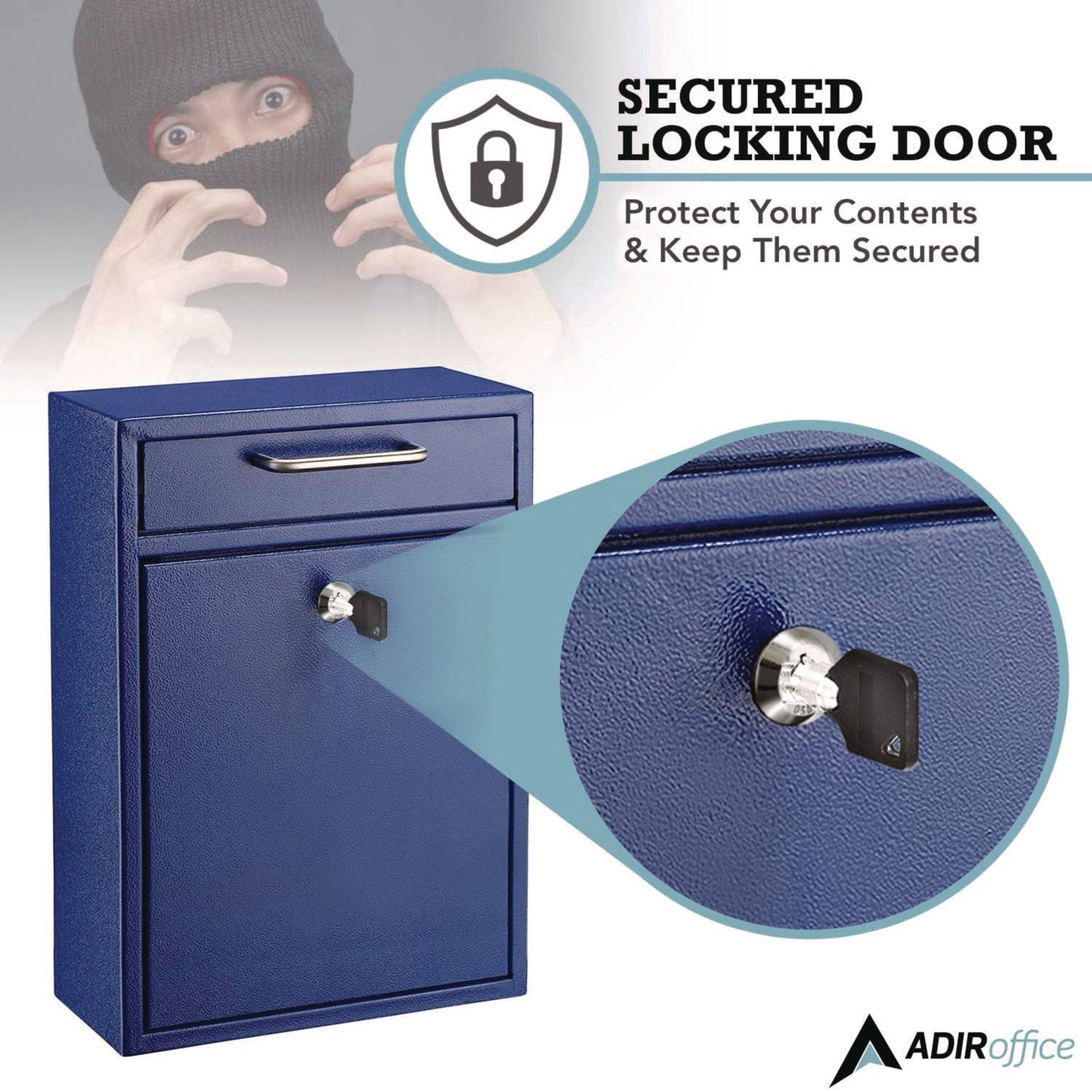 AdirOffice Large Ultimate Secure Drop Box Wall Mounted Mail Box, 11.2 x 4.7 x 16.2, Blue