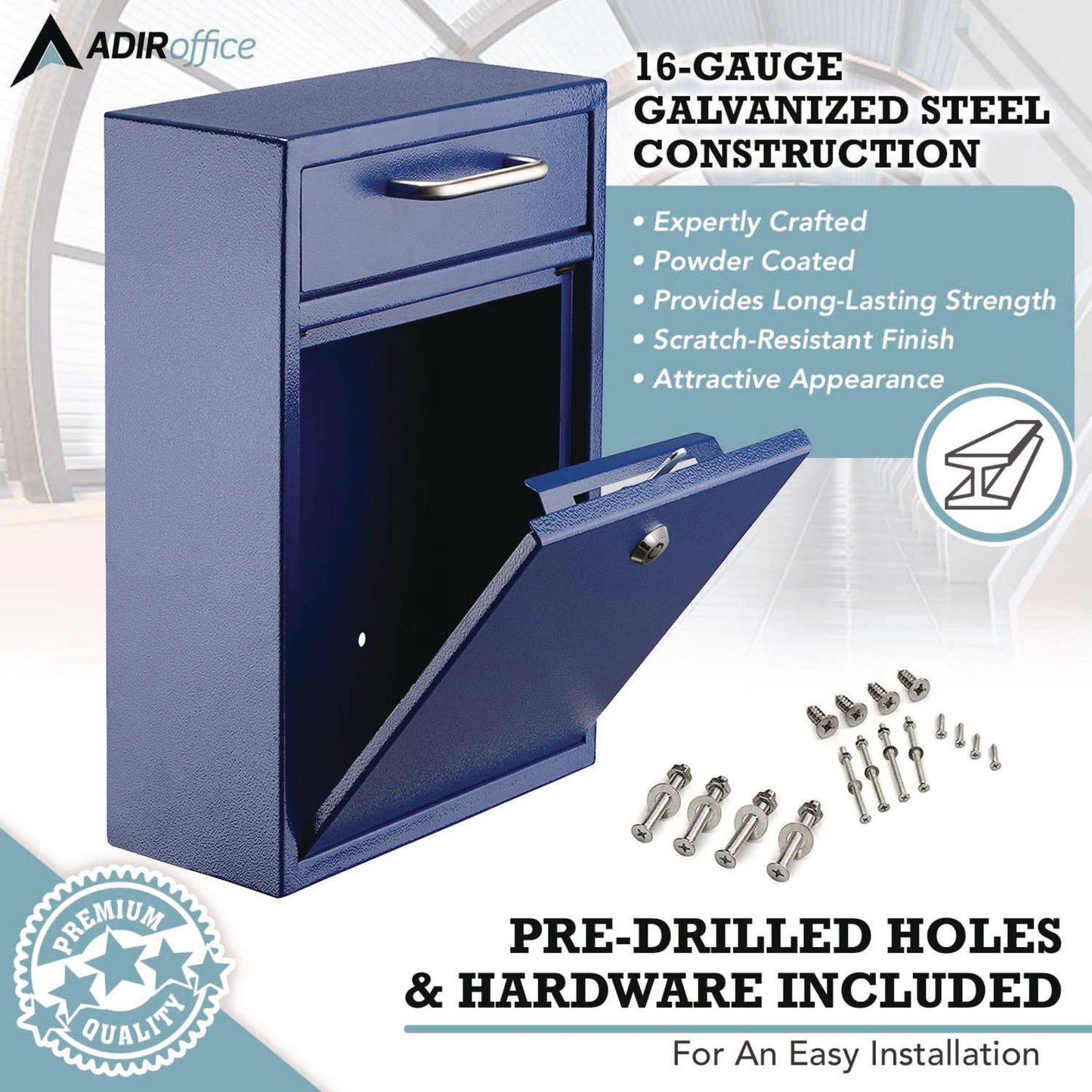 AdirOffice Large Ultimate Secure Drop Box Wall Mounted Mail Box, 11.2 x 4.7 x 16.2, Blue