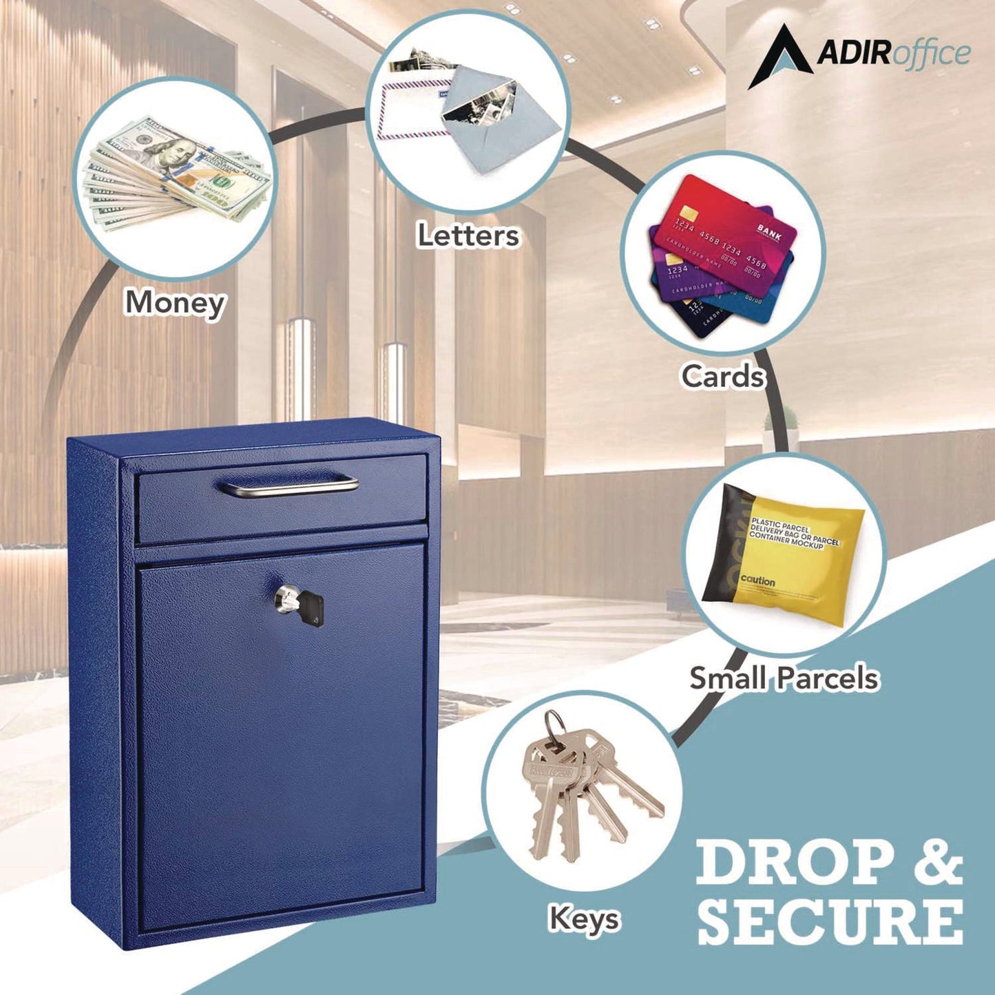 AdirOffice Large Ultimate Secure Drop Box Wall Mounted Mail Box, 11.2 x 4.7 x 16.2, Blue