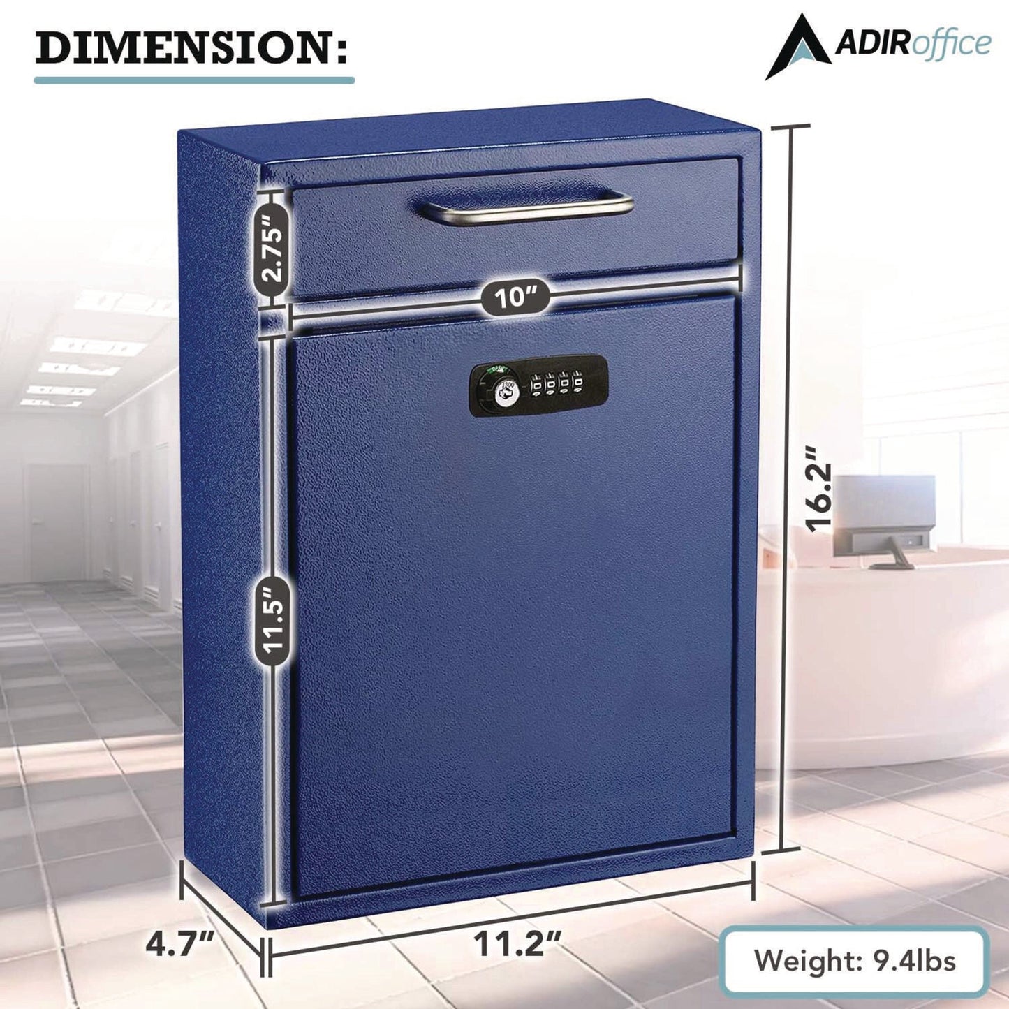 AdirOffice Large Secure Drop Box Wall Mounted Locking Mail Box with Key and Combination lock, 11.2 x 4.7 x 16.2, Blue