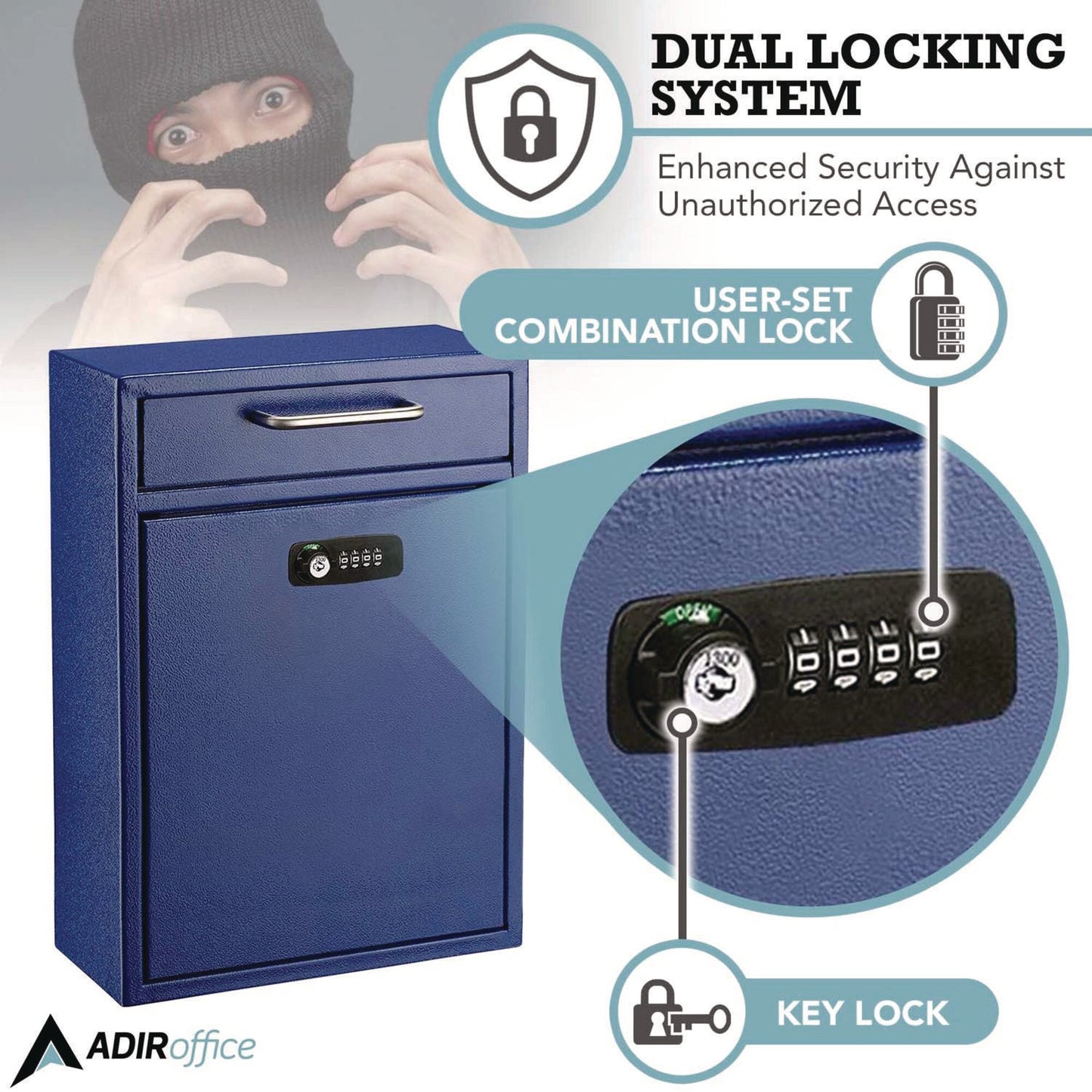 AdirOffice Large Secure Drop Box Wall Mounted Locking Mail Box with Key and Combination lock, 11.2 x 4.7 x 16.2, Blue