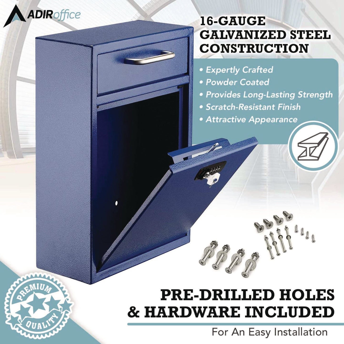 AdirOffice Large Secure Drop Box Wall Mounted Locking Mail Box with Key and Combination lock, 11.2 x 4.7 x 16.2, Blue