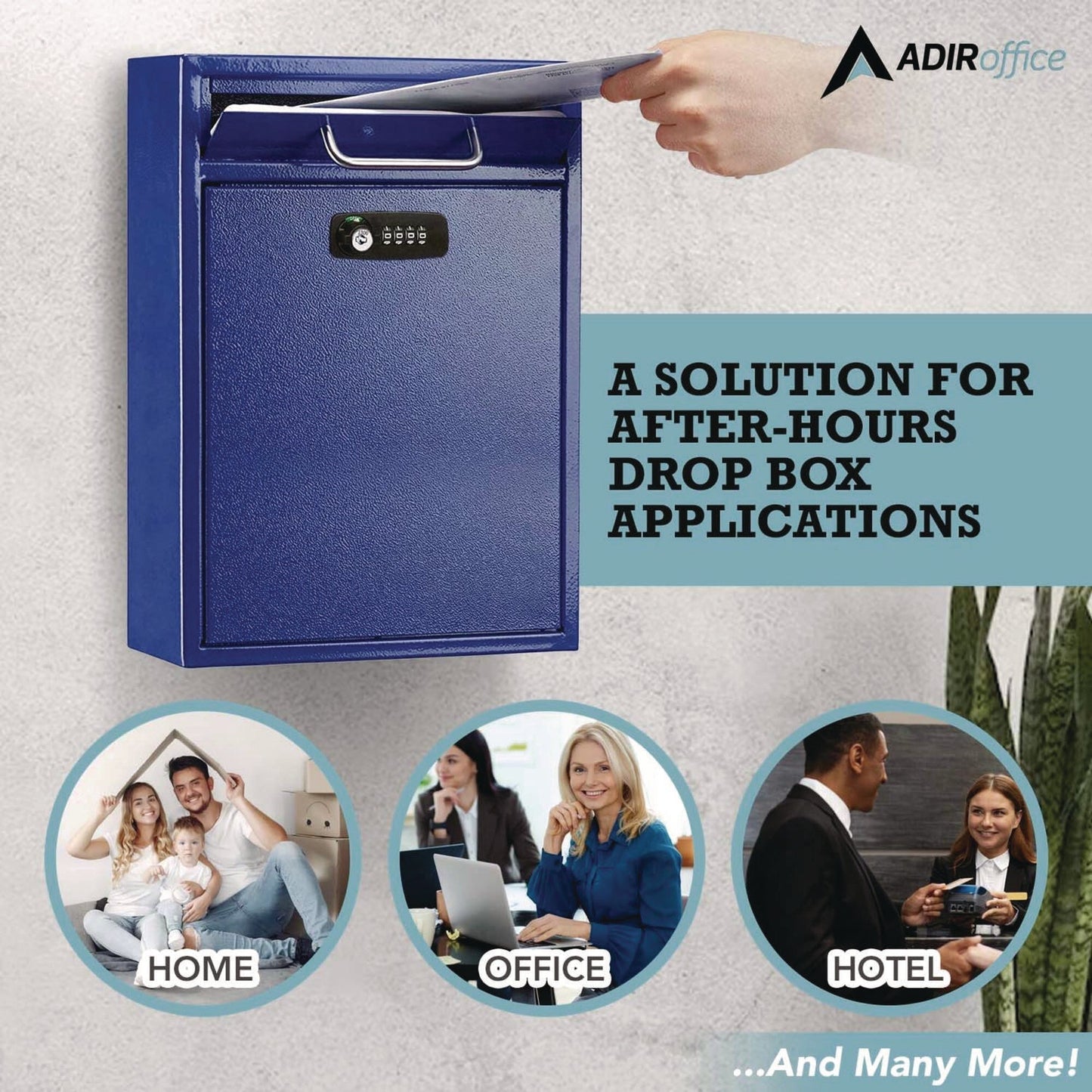 AdirOffice Large Secure Drop Box Wall Mounted Locking Mail Box with Key and Combination lock, 11.2 x 4.7 x 16.2, Blue