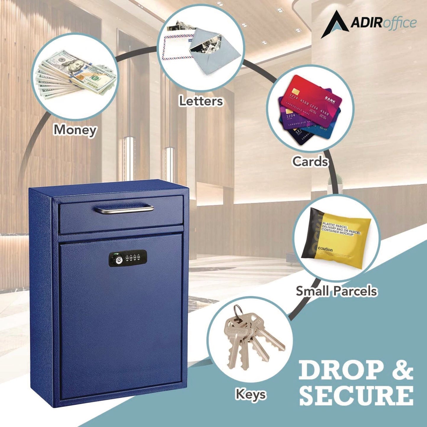 AdirOffice Large Secure Drop Box Wall Mounted Locking Mail Box with Key and Combination lock, 11.2 x 4.7 x 16.2, Blue