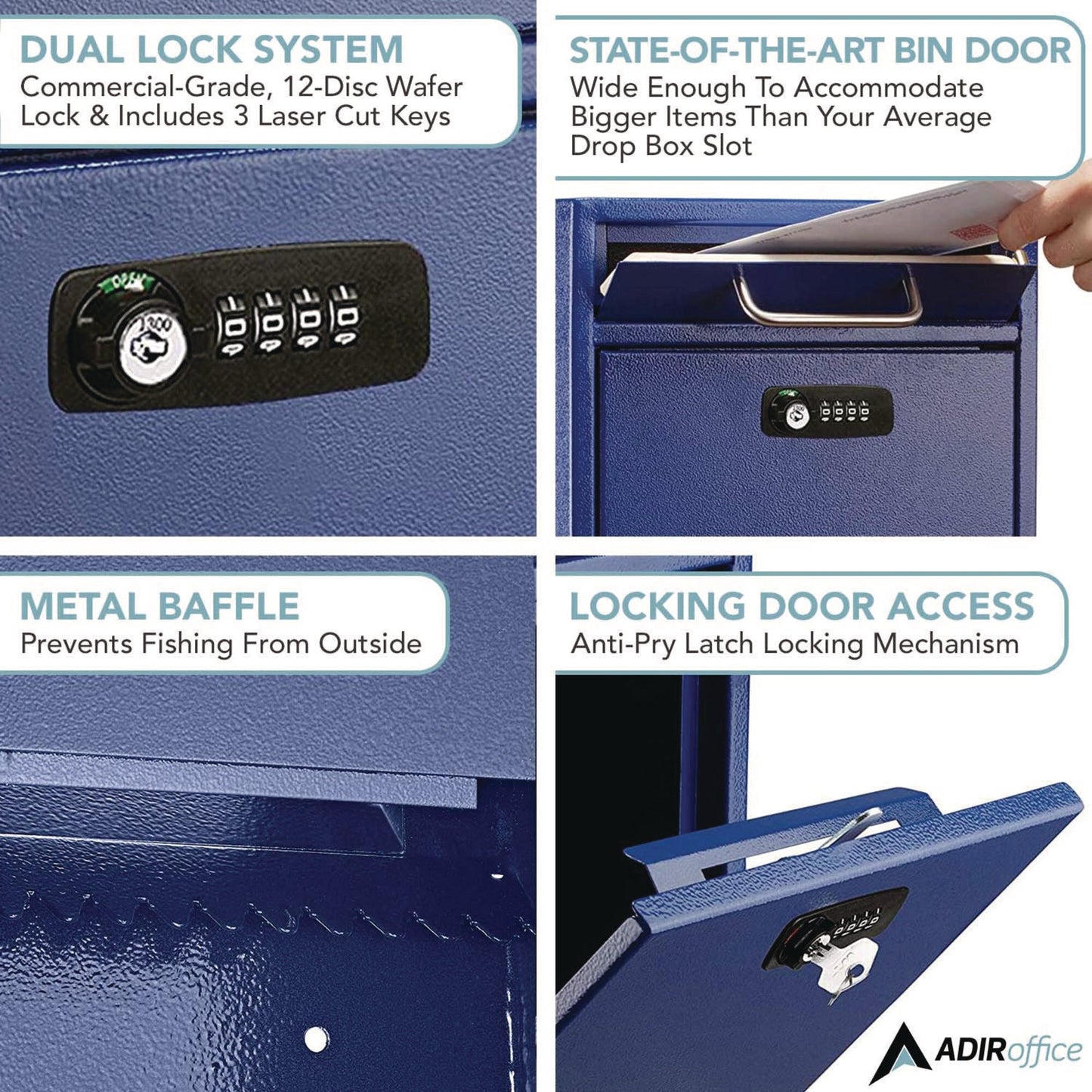 AdirOffice Large Secure Drop Box Wall Mounted Locking Mail Box with Key and Combination lock, 11.2 x 4.7 x 16.2, Blue