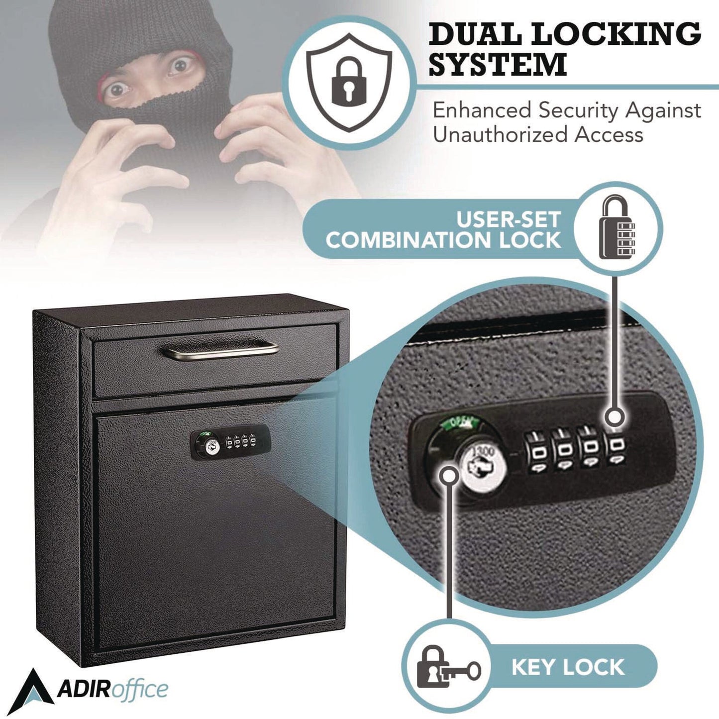 AdirOffice Medium Secure Drop Box Wall Mounted Locking Mail Box with Key and Combination Lock, 10.51 x 4.72 x 12, Black