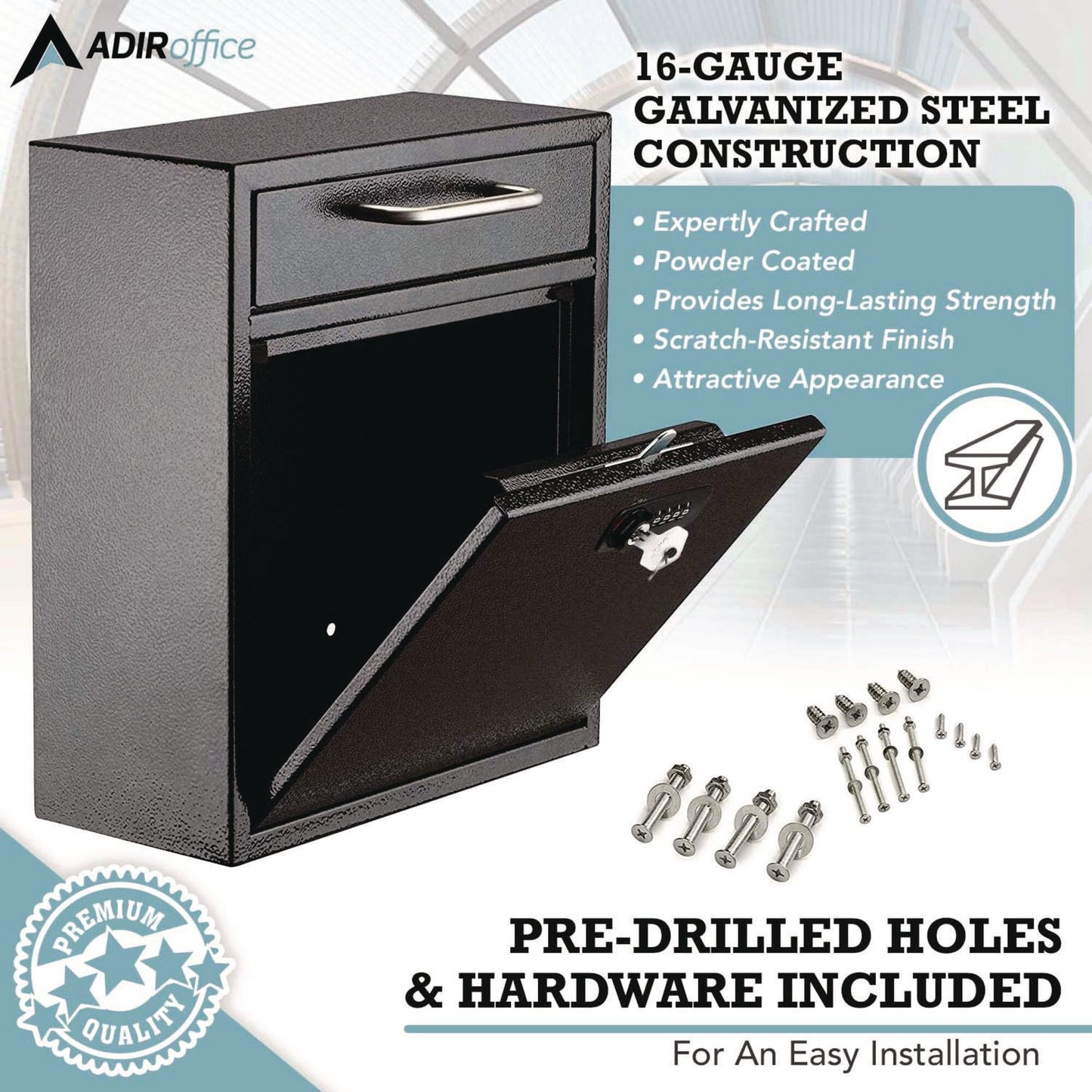 AdirOffice Medium Secure Drop Box Wall Mounted Locking Mail Box with Key and Combination Lock, 10.51 x 4.72 x 12, Black