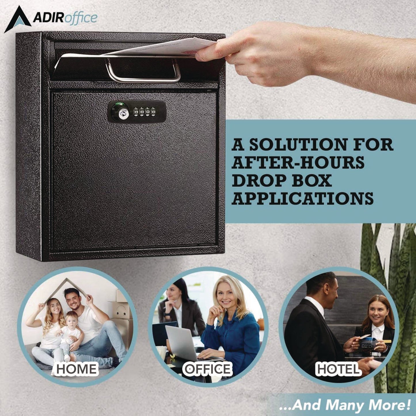 AdirOffice Medium Secure Drop Box Wall Mounted Locking Mail Box with Key and Combination Lock, 10.51 x 4.72 x 12, Black