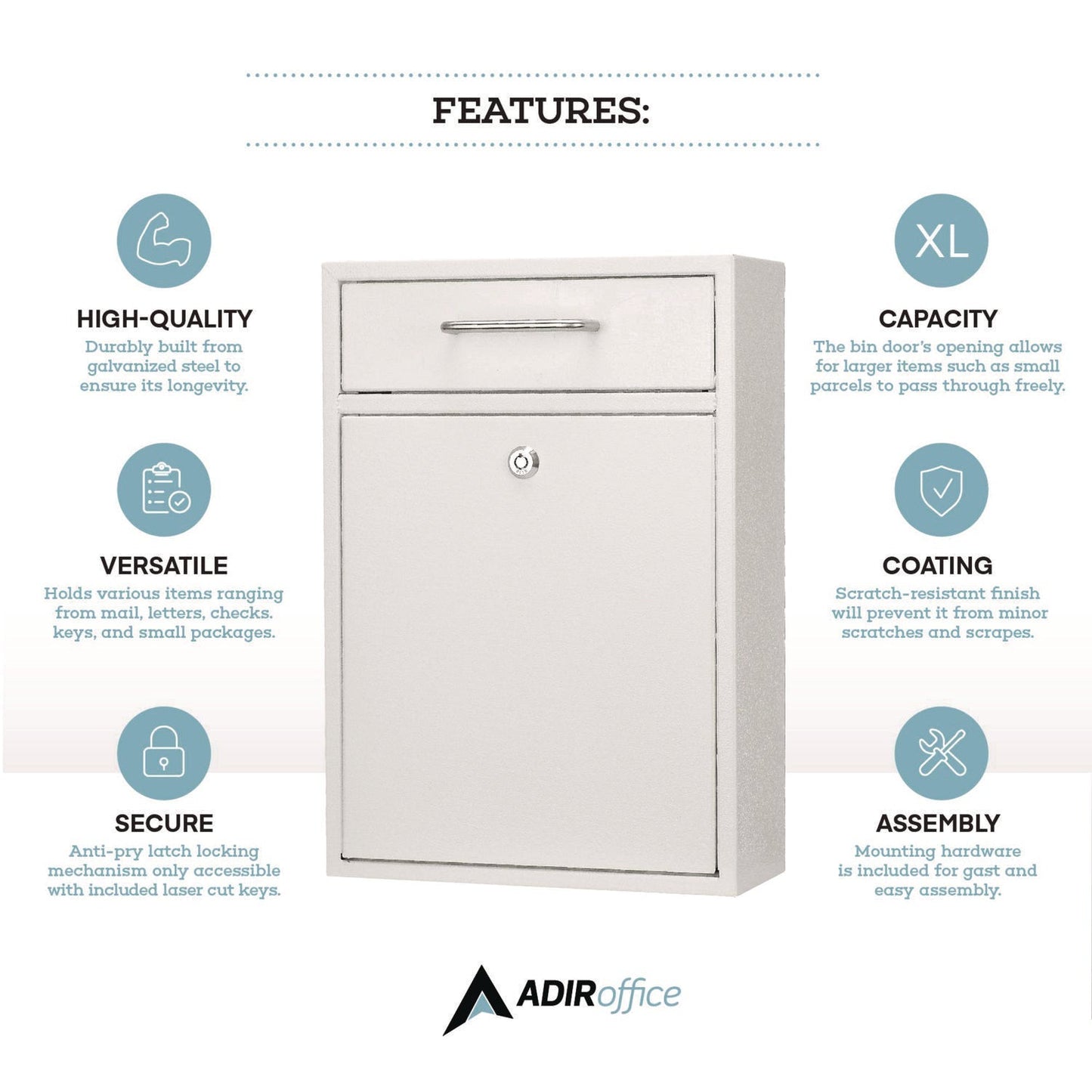 AdirOffice Large Ultimate Secure Drop Box Wall Mounted Mail Box, 11.2 x 4.7 x 16.2, White