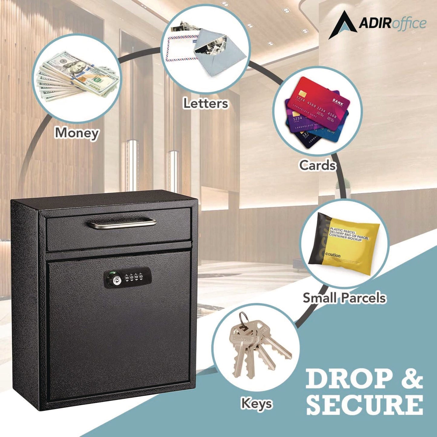 AdirOffice Medium Secure Drop Box Wall Mounted Locking Mail Box with Key and Combination Lock, 10.51 x 4.72 x 12, Black