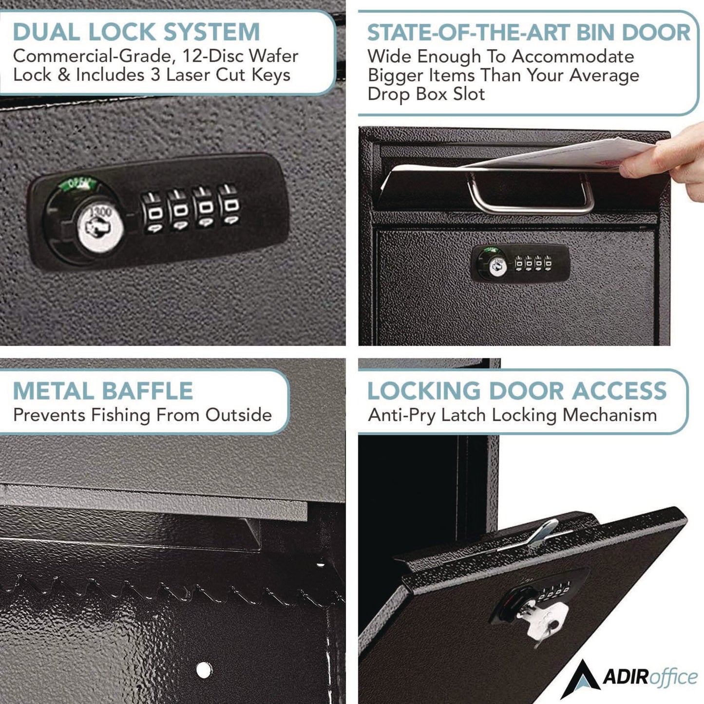 AdirOffice Medium Secure Drop Box Wall Mounted Locking Mail Box with Key and Combination Lock, 10.51 x 4.72 x 12, Black