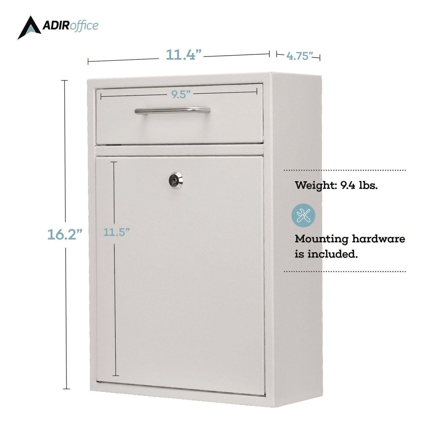AdirOffice Large Ultimate Secure Drop Box Wall Mounted Mail Box, 11.2 x 4.7 x 16.2, White