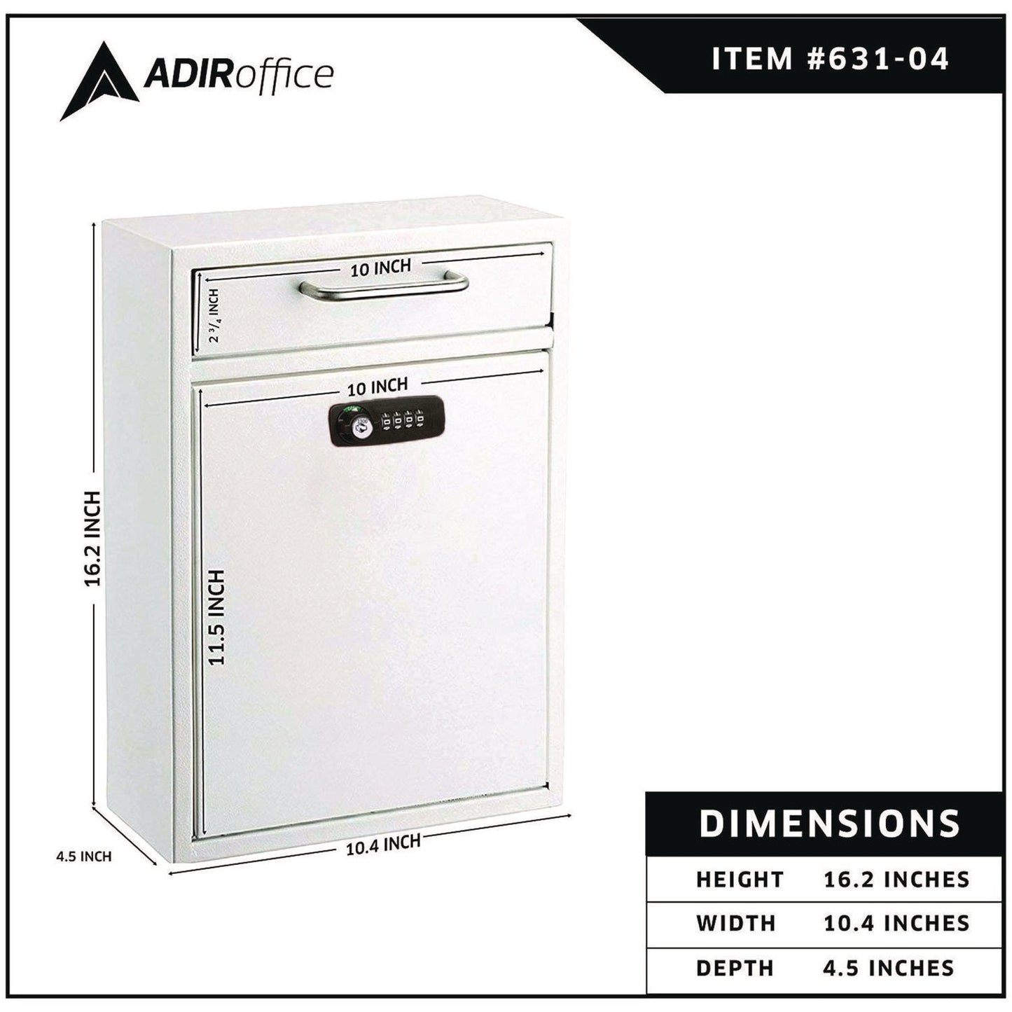 AdirOffice Large Secure Drop Box Wall Mounted Locking Mail Box with Key and Combination lock, 11.2 x 4.7 x 16.2, White