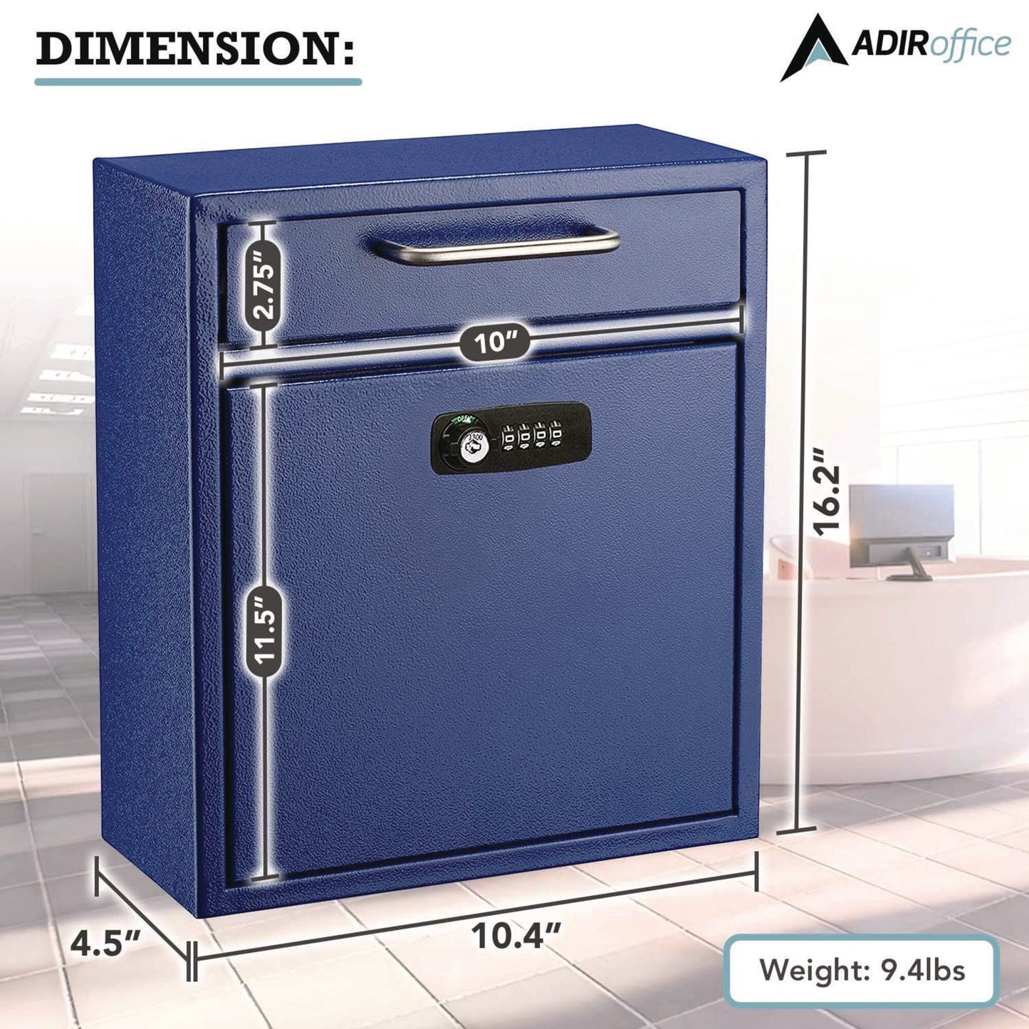 AdirOffice Medium Secure Drop Box Wall Mounted Locking Mail Box with Key and Combination Lock, 10.51 x 4.72 x 12, Blue