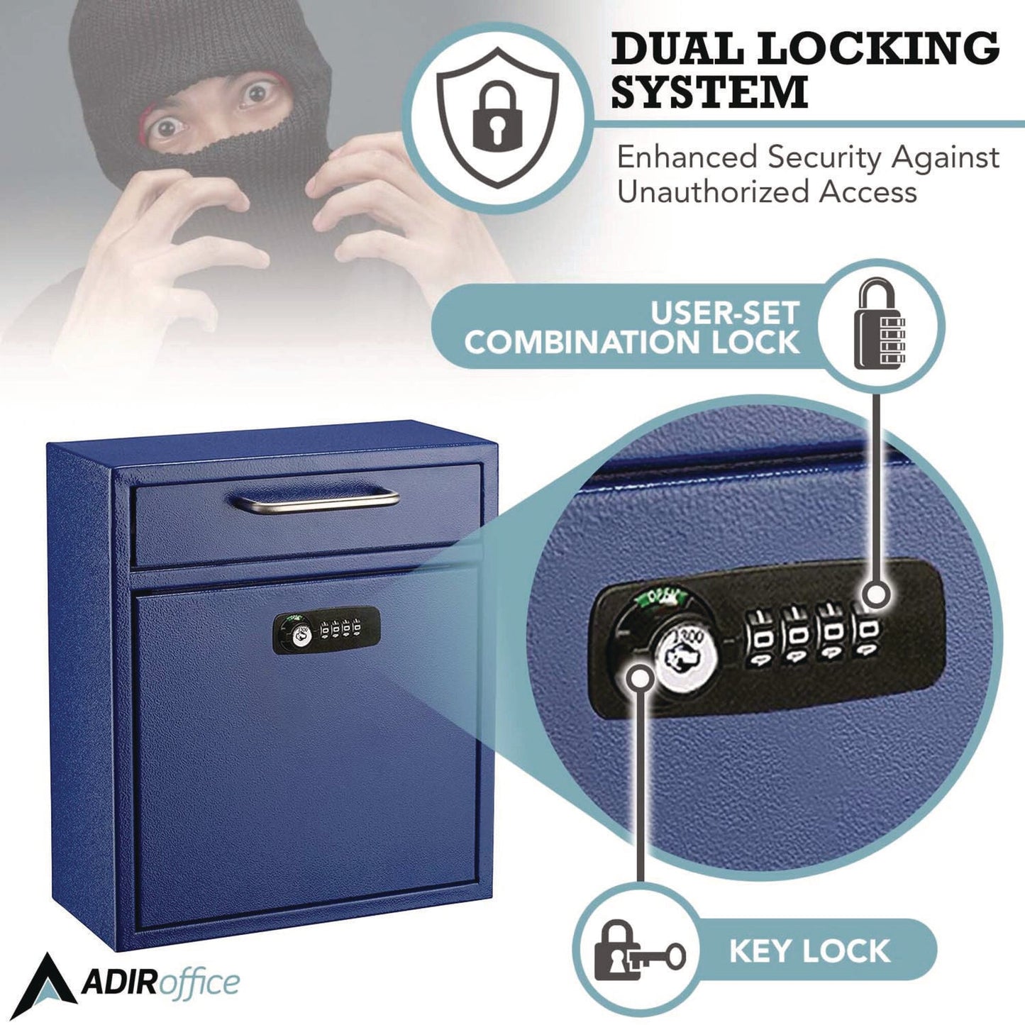 AdirOffice Medium Secure Drop Box Wall Mounted Locking Mail Box with Key and Combination Lock, 10.51 x 4.72 x 12, Blue