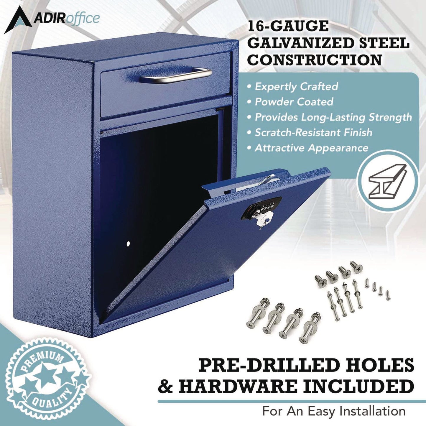 AdirOffice Medium Secure Drop Box Wall Mounted Locking Mail Box with Key and Combination Lock, 10.51 x 4.72 x 12, Blue