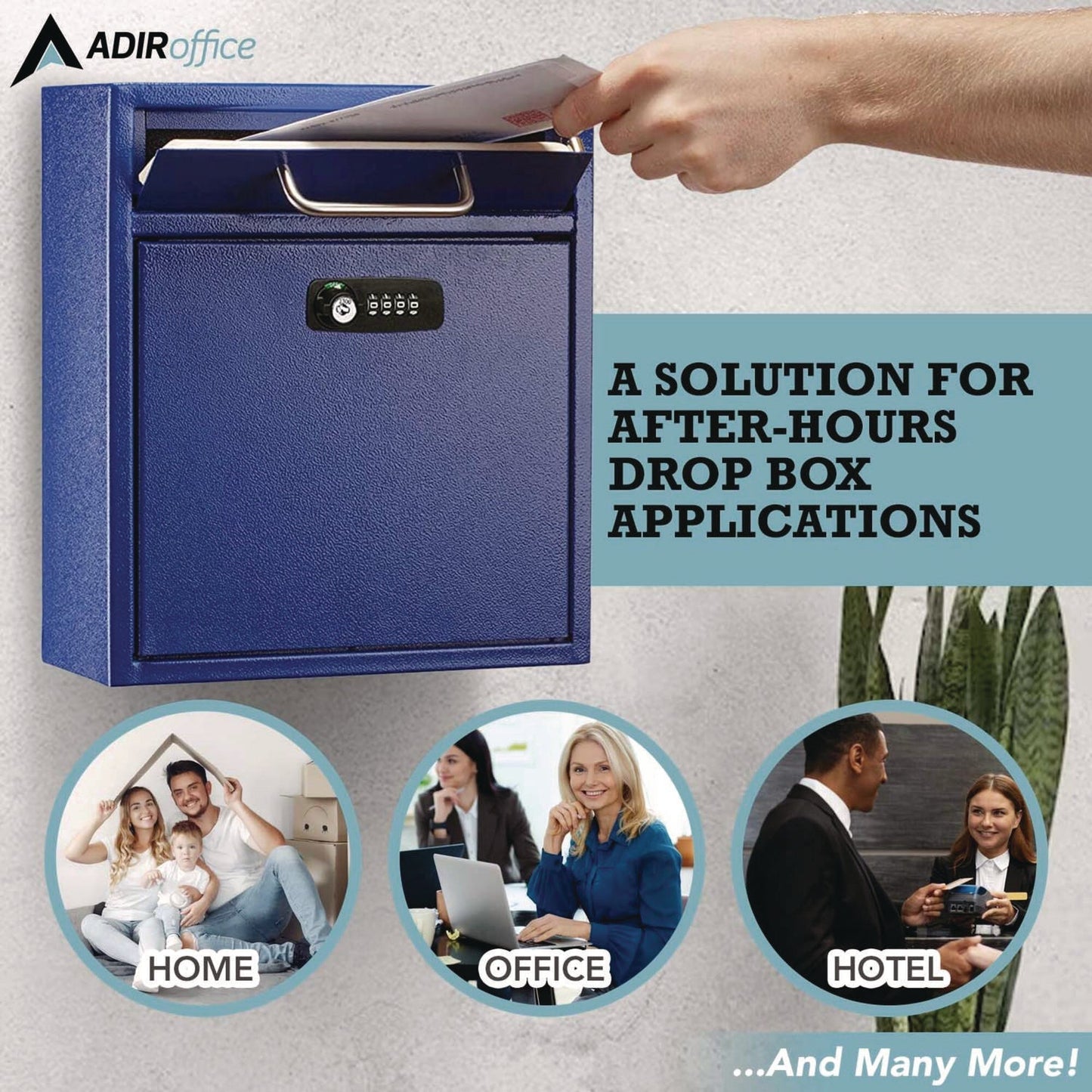 AdirOffice Medium Secure Drop Box Wall Mounted Locking Mail Box with Key and Combination Lock, 10.51 x 4.72 x 12, Blue