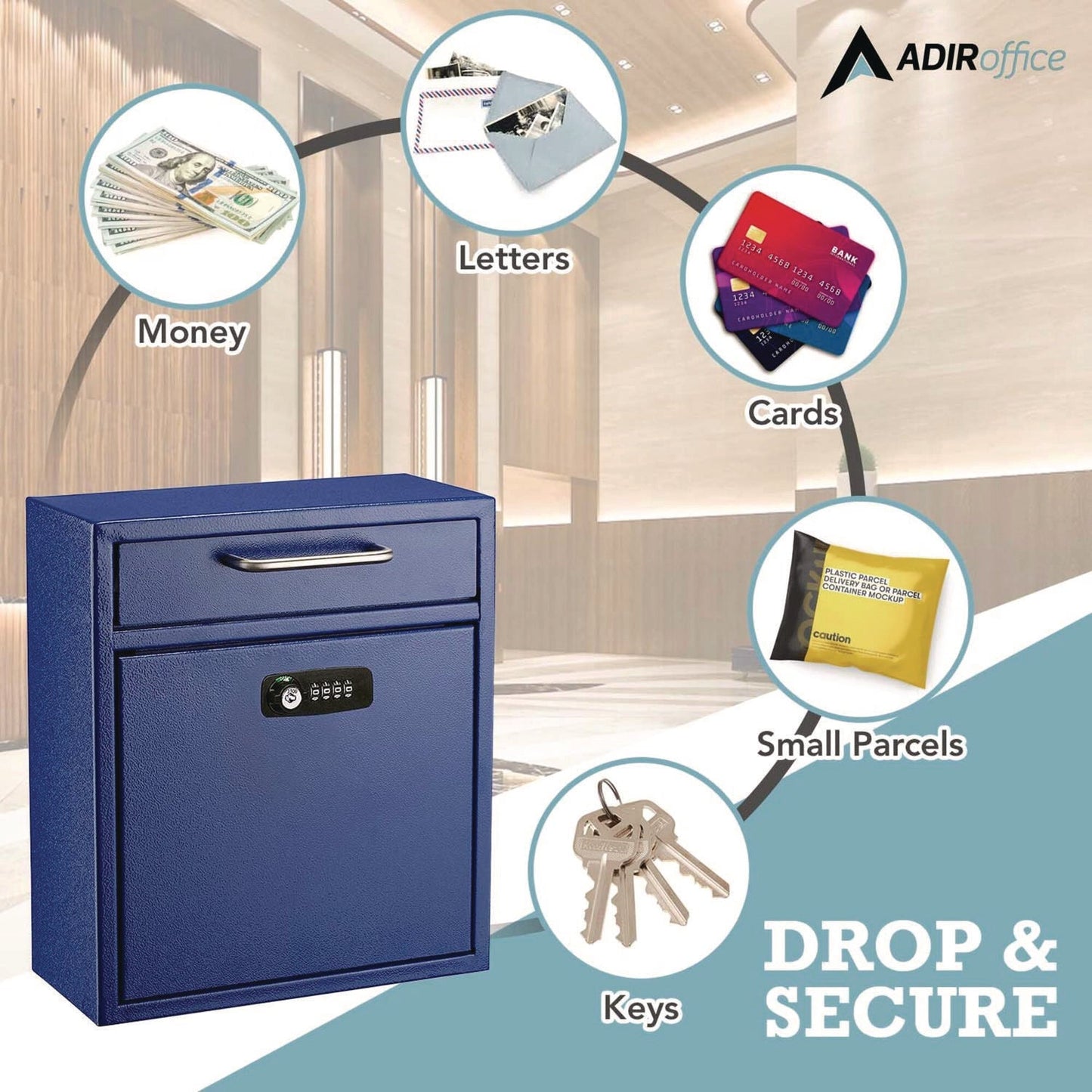 AdirOffice Medium Secure Drop Box Wall Mounted Locking Mail Box with Key and Combination Lock, 10.51 x 4.72 x 12, Blue