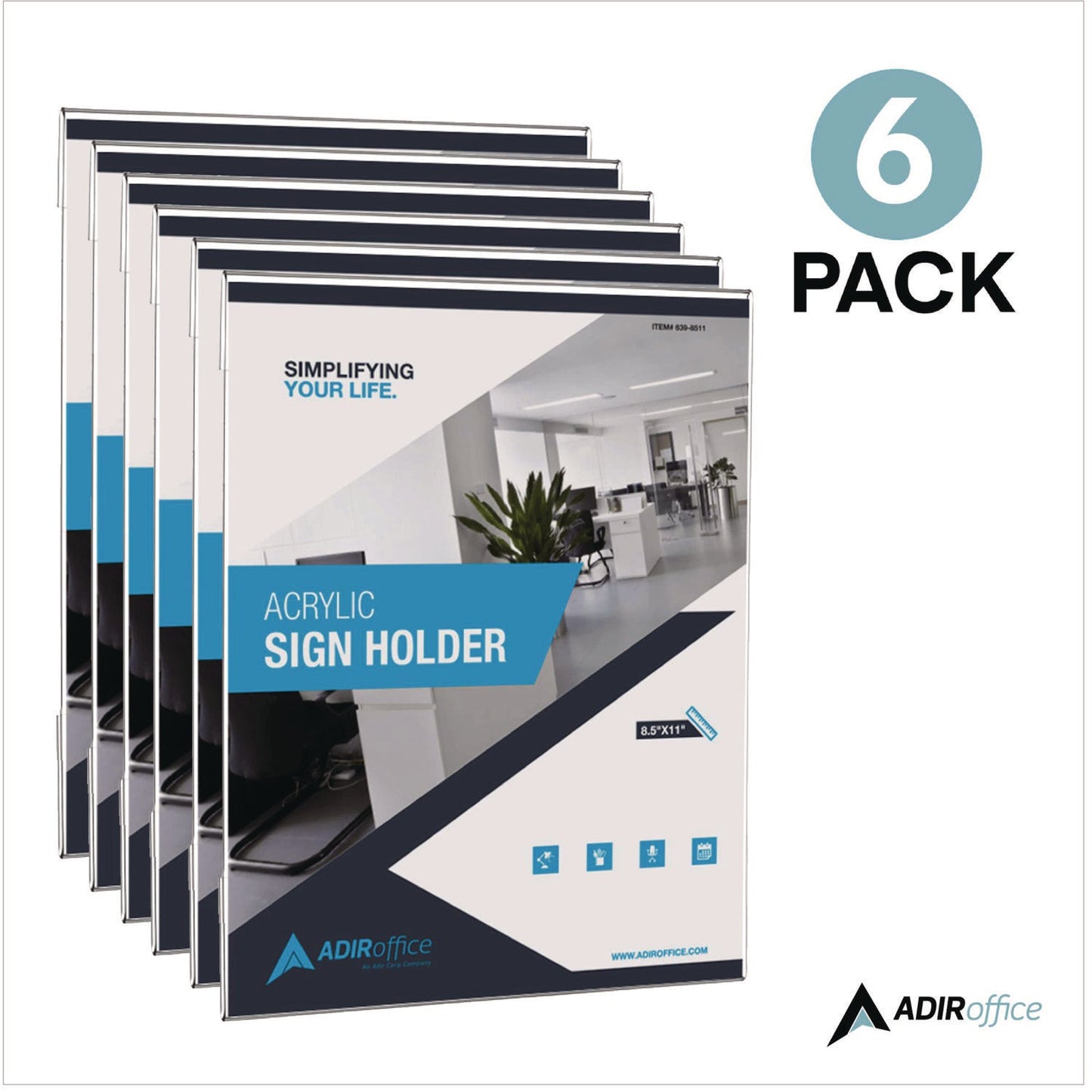 AdirOffice Wall Mount Side-Loading Acrylic Sign Holders, 8 x 11, Clear Frame, 6/Pack